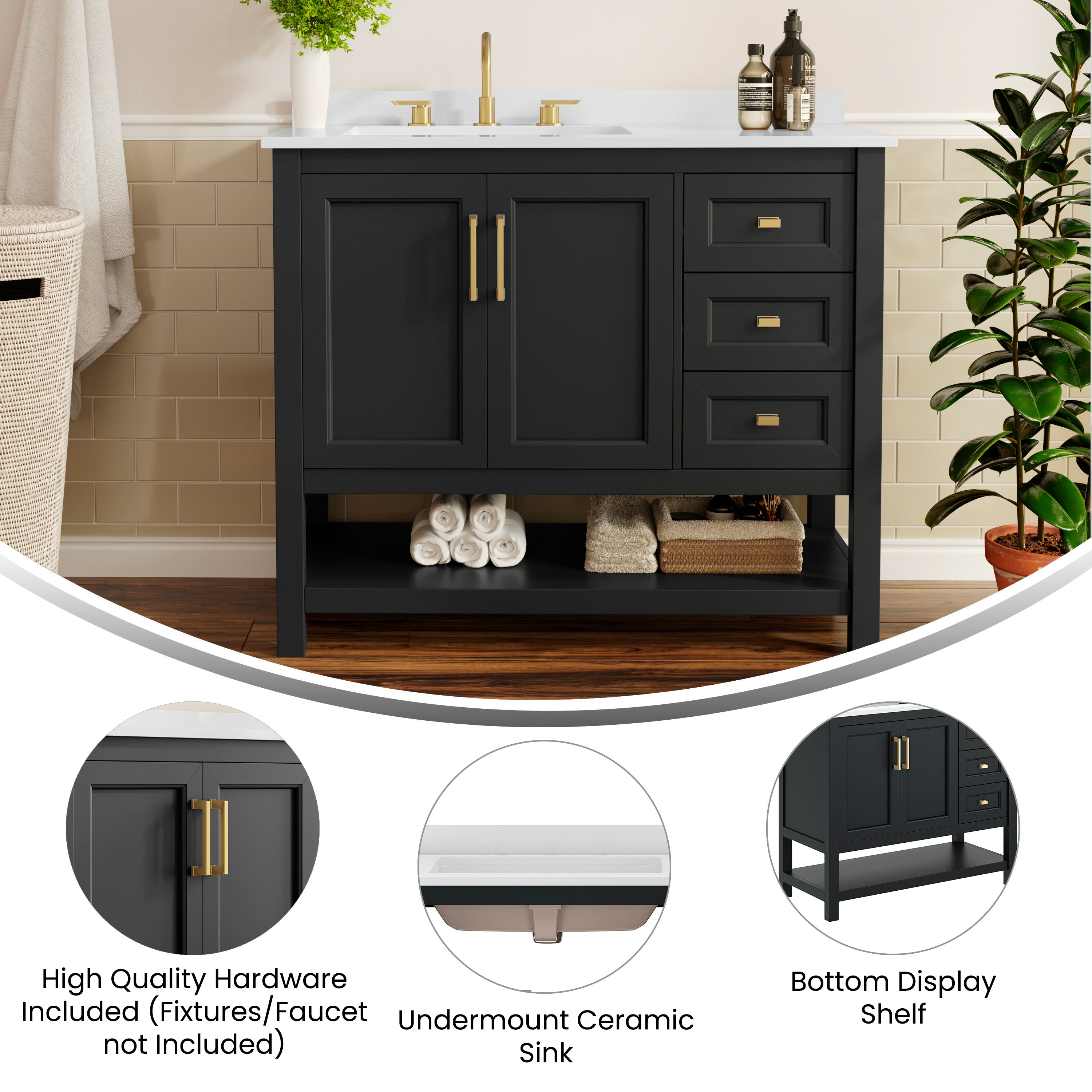 Vega 42" Bathroom Vanity with Sink, Cabinet with Gold Hardware, Soft Close Doors, Open Shelf & 3 Drawers, Carrara Marble Finish Counter, Black/White
