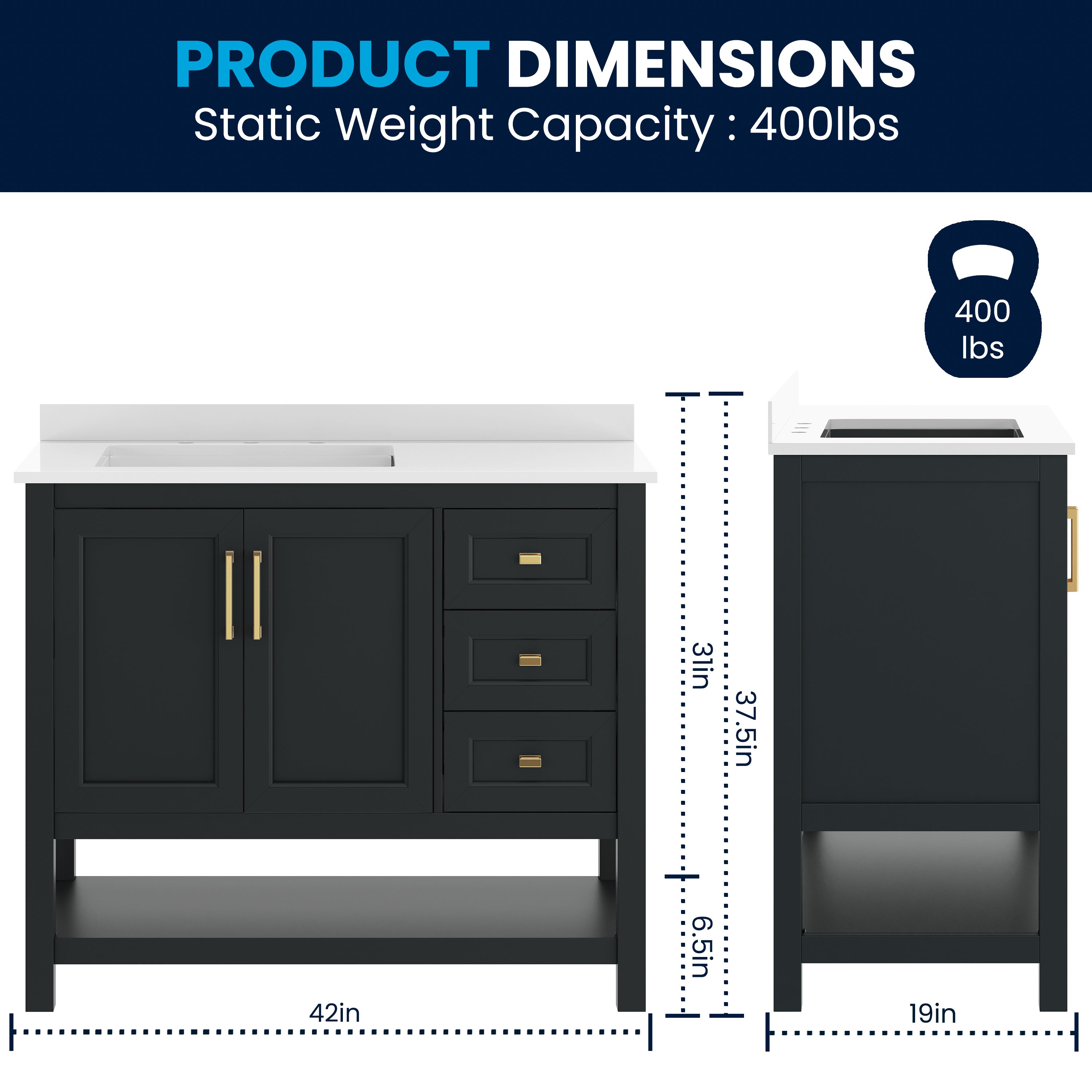 Vega 42" Bathroom Vanity with Sink, Cabinet with Gold Hardware, Soft Close Doors, Open Shelf & 3 Drawers, Carrara Marble Finish Counter, Black/White