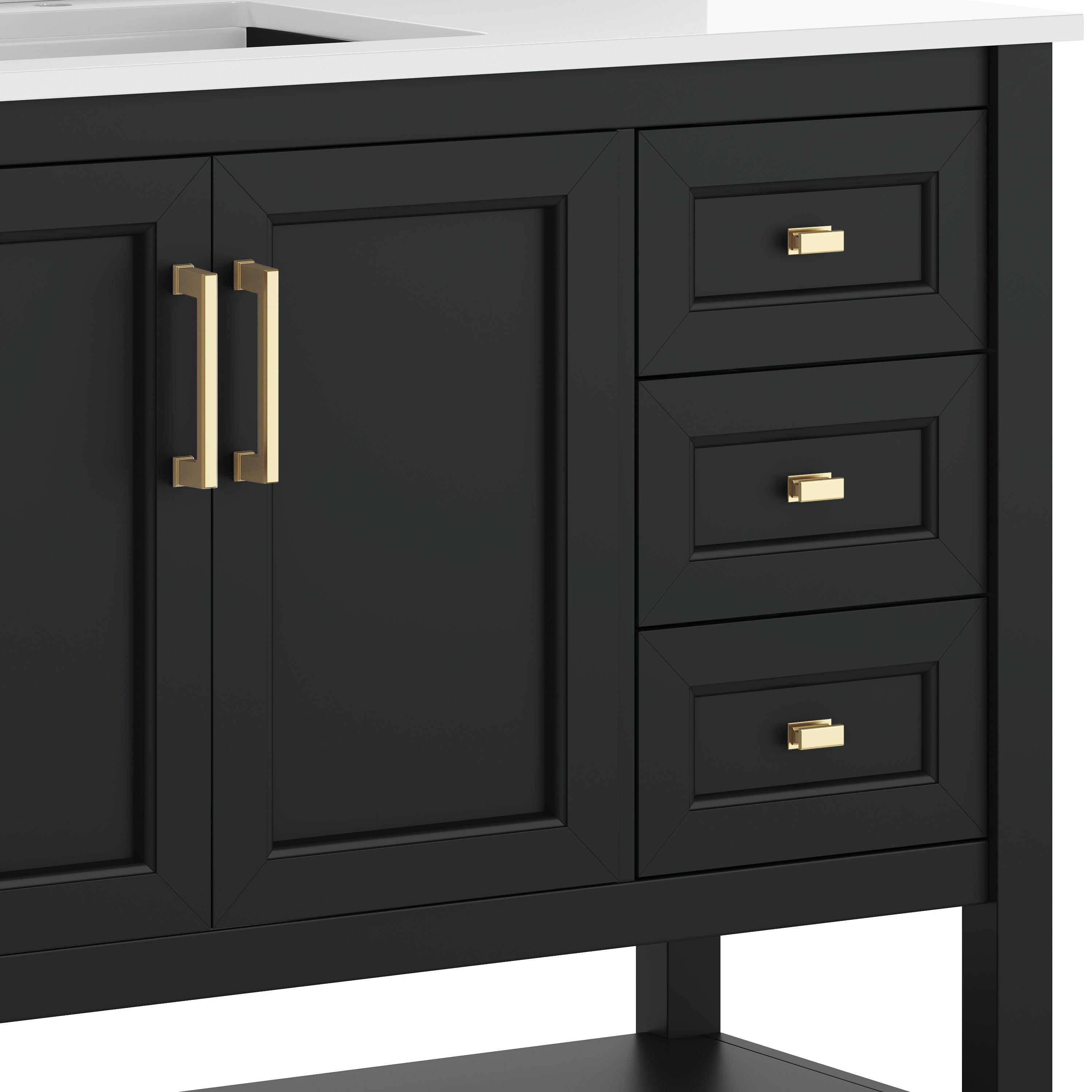 Vega 42" Bathroom Vanity with Sink, Cabinet with Gold Hardware, Soft Close Doors, Open Shelf & 3 Drawers, Carrara Marble Finish Counter, Black/White