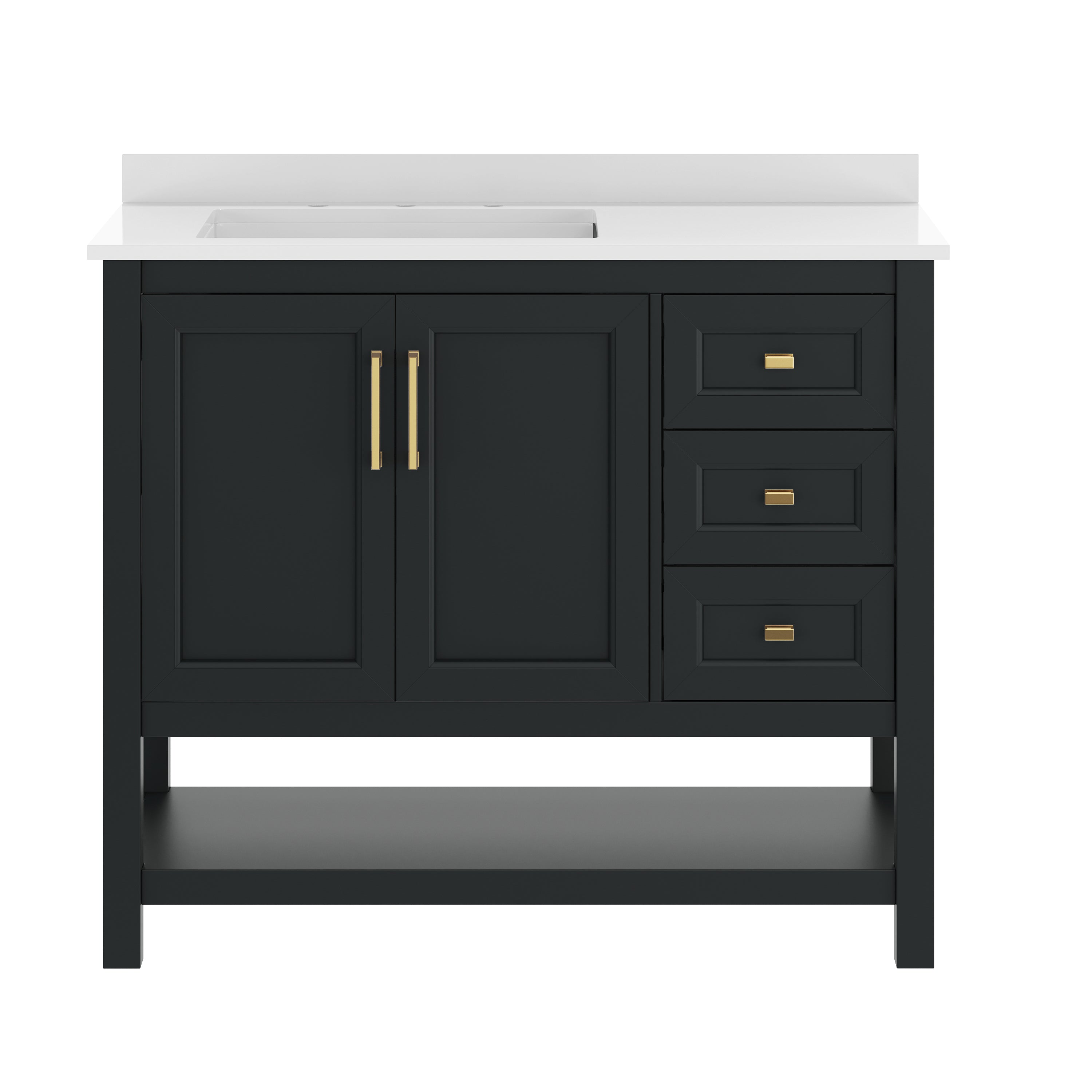 Vega 42" Bathroom Vanity with Sink, Cabinet with Gold Hardware, Soft Close Doors, Open Shelf & 3 Drawers, Carrara Marble Finish Counter, Black/White