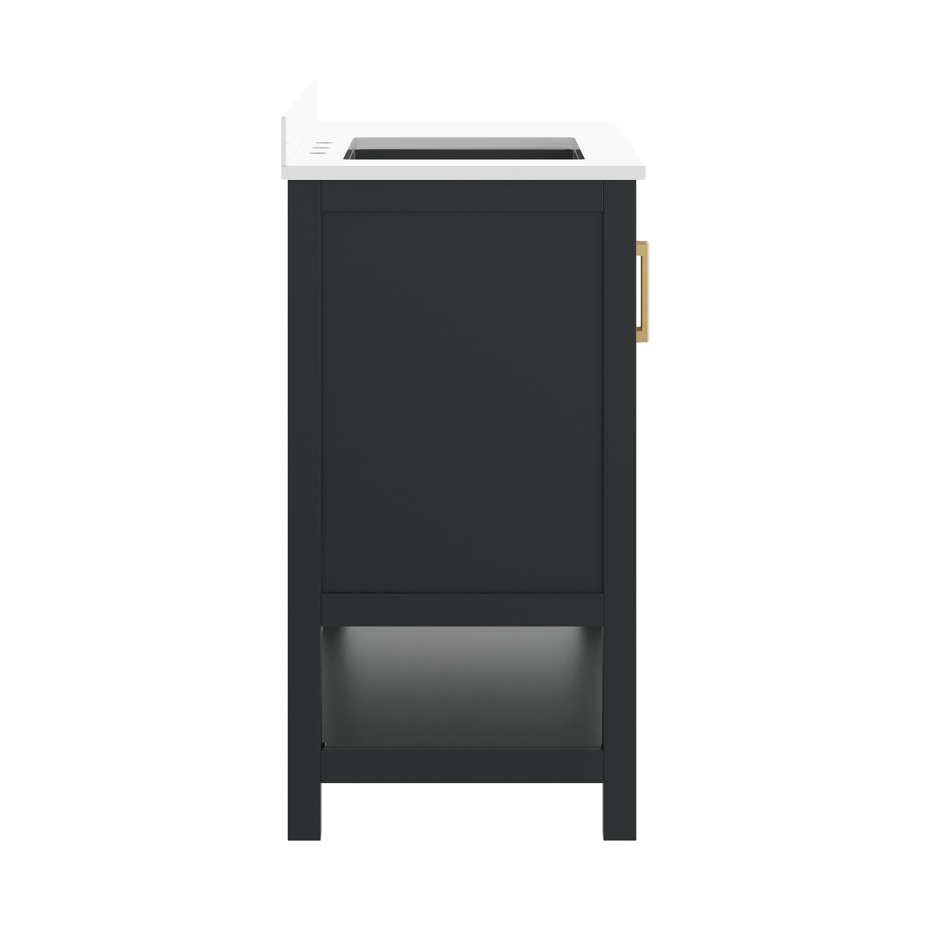 Vega 42" Bathroom Vanity with Sink, Cabinet with Gold Hardware, Soft Close Doors, Open Shelf & 3 Drawers, Carrara Marble Finish Counter, Black/White