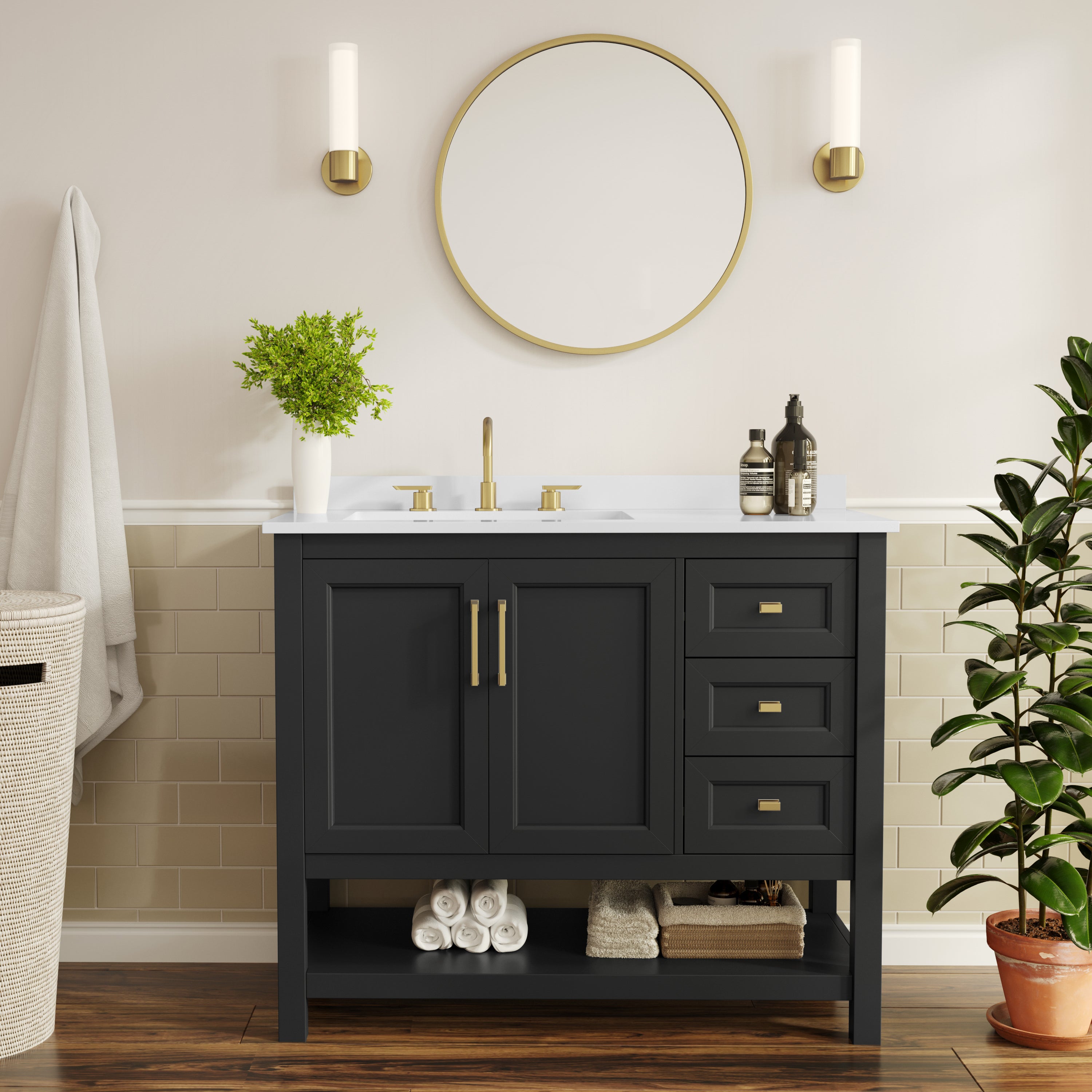 Vega 42" Bathroom Vanity with Sink, Cabinet with Gold Hardware, Soft Close Doors, Open Shelf & 3 Drawers, Carrara Marble Finish Counter, Black/White
