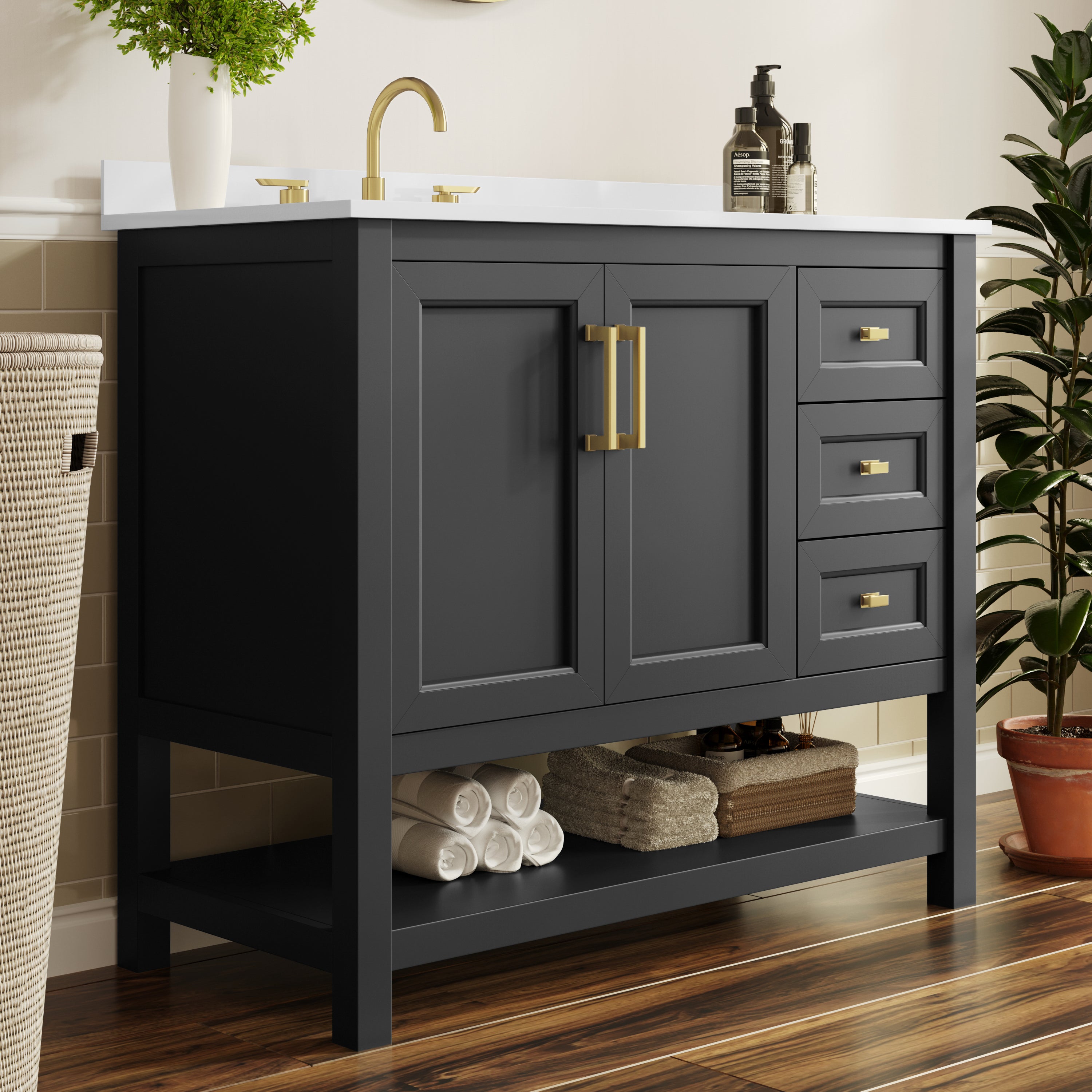 Vega 42" Bathroom Vanity with Sink, Cabinet with Gold Hardware, Soft Close Doors, Open Shelf & 3 Drawers, Carrara Marble Finish Counter, Black/White