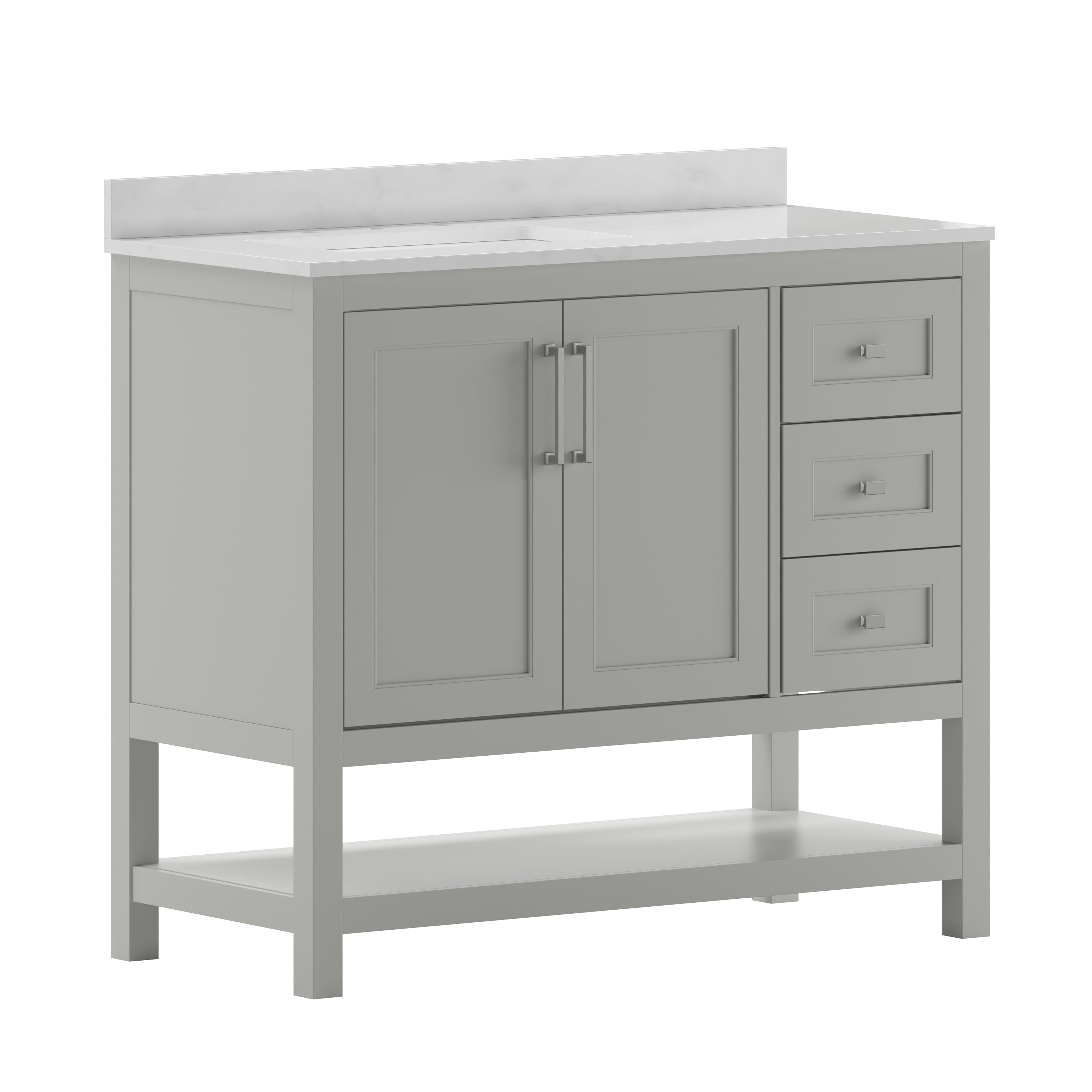 Vega 42 Inch Bathroom Vanity with Sink, Storage Cabinet with Soft Close Doors, Open Shelf and 3 Drawers, Carrara Marble Finish Countertop, Gray/White