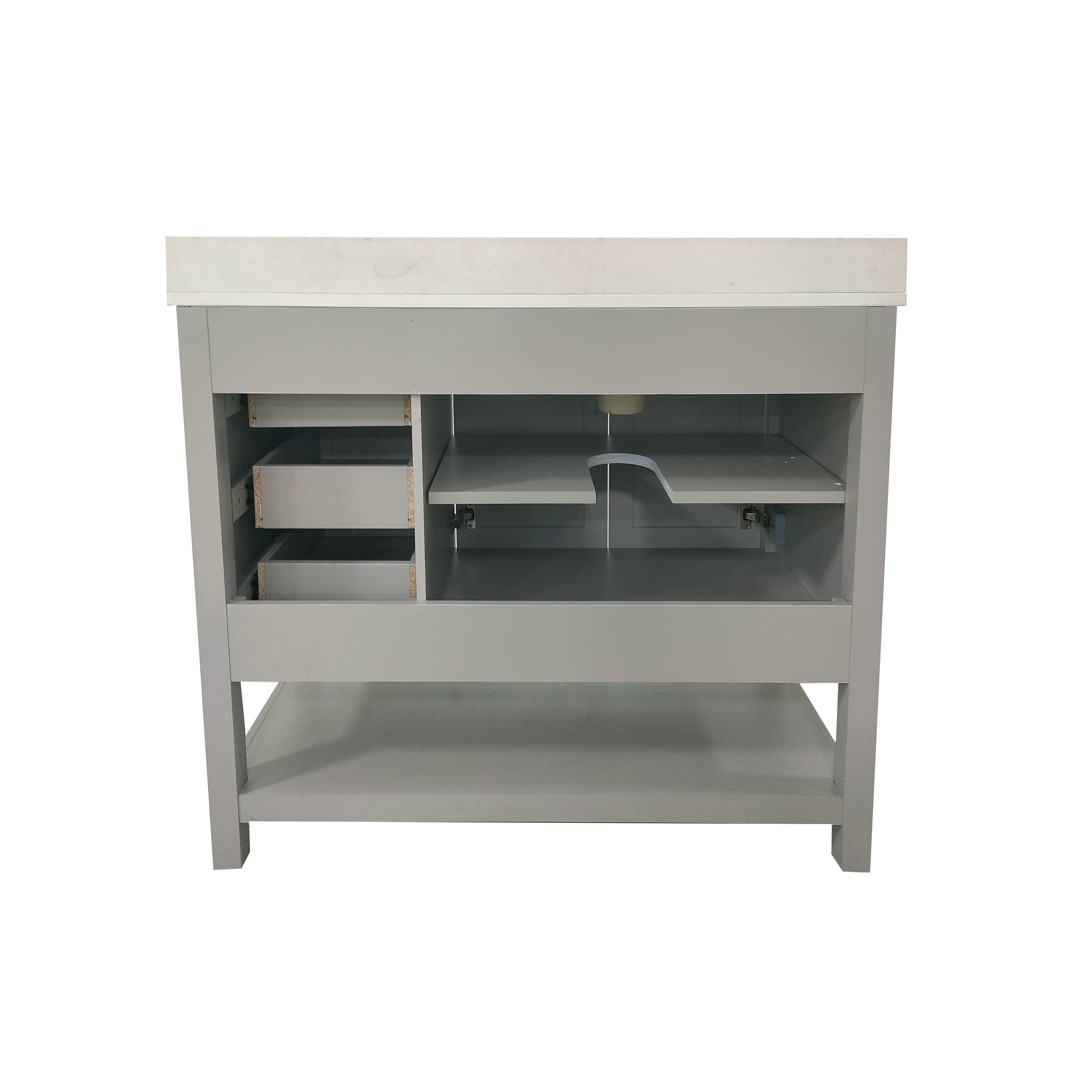 Vega 42 Inch Bathroom Vanity with Sink, Storage Cabinet with Soft Close Doors, Open Shelf and 3 Drawers, Carrara Marble Finish Countertop, Gray/White
