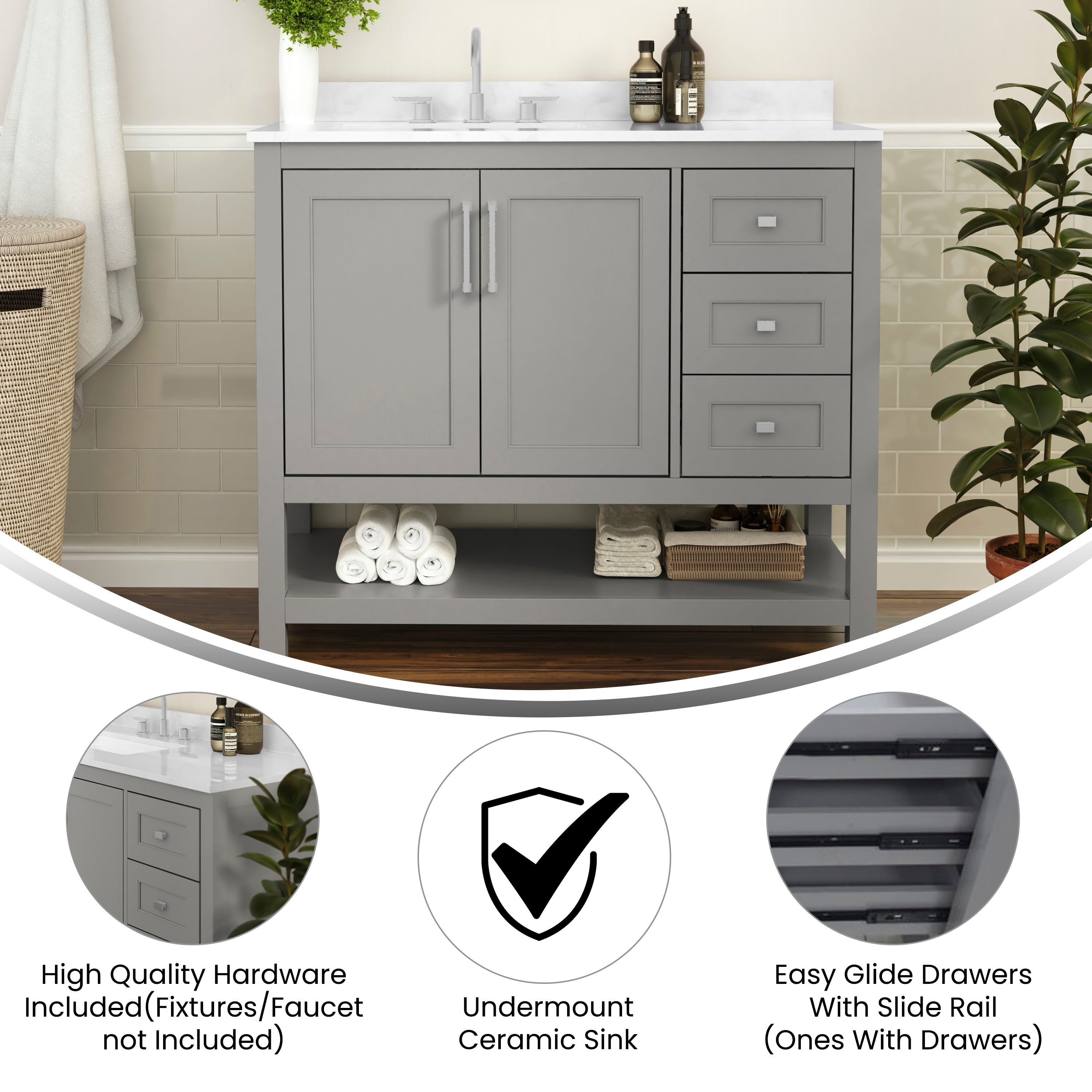 Vega 42 Inch Bathroom Vanity with Sink, Storage Cabinet with Soft Close Doors, Open Shelf and 3 Drawers, Carrara Marble Finish Countertop, Gray/White