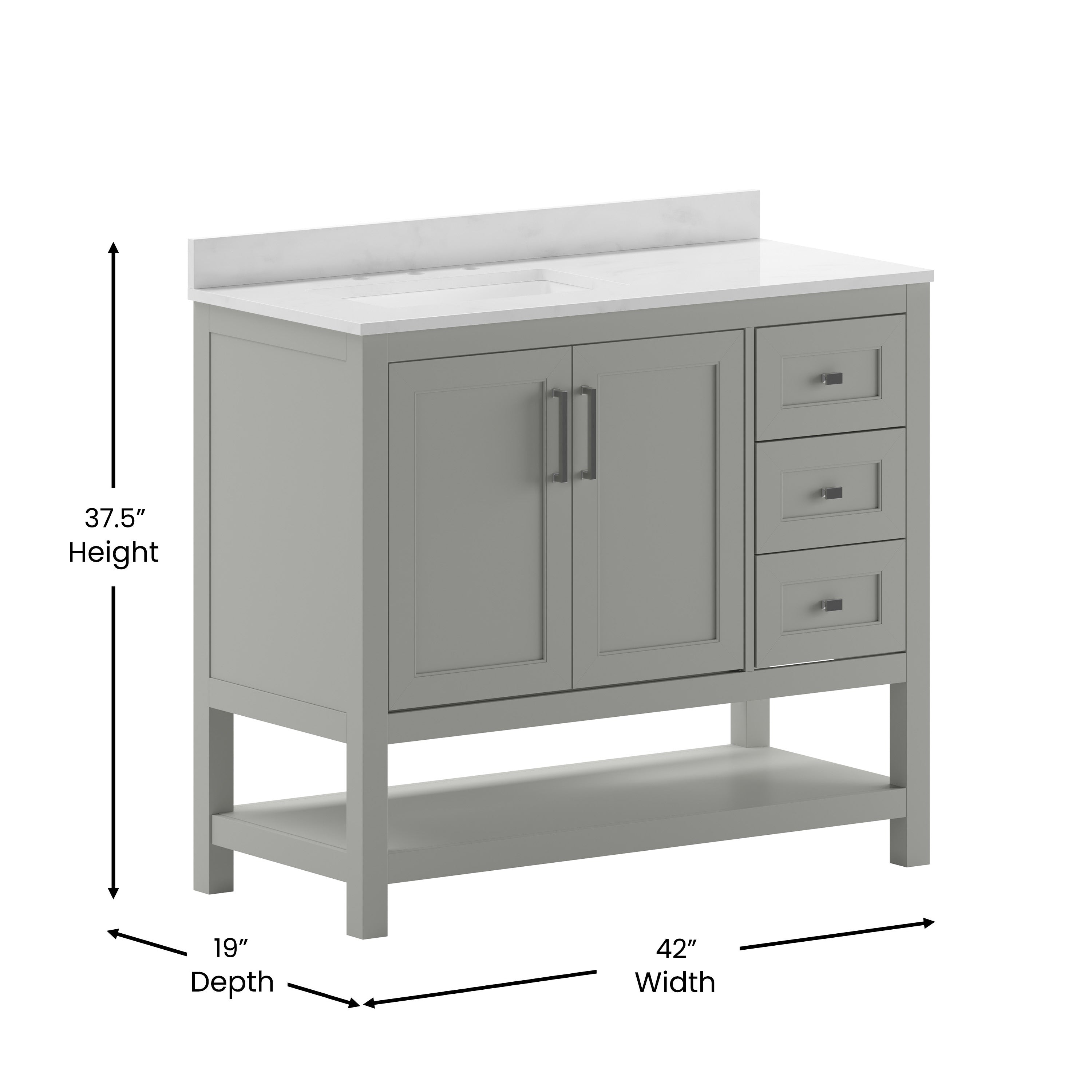 Vega 42 Inch Bathroom Vanity with Sink, Storage Cabinet with Soft Close Doors, Open Shelf and 3 Drawers, Carrara Marble Finish Countertop, Gray/White