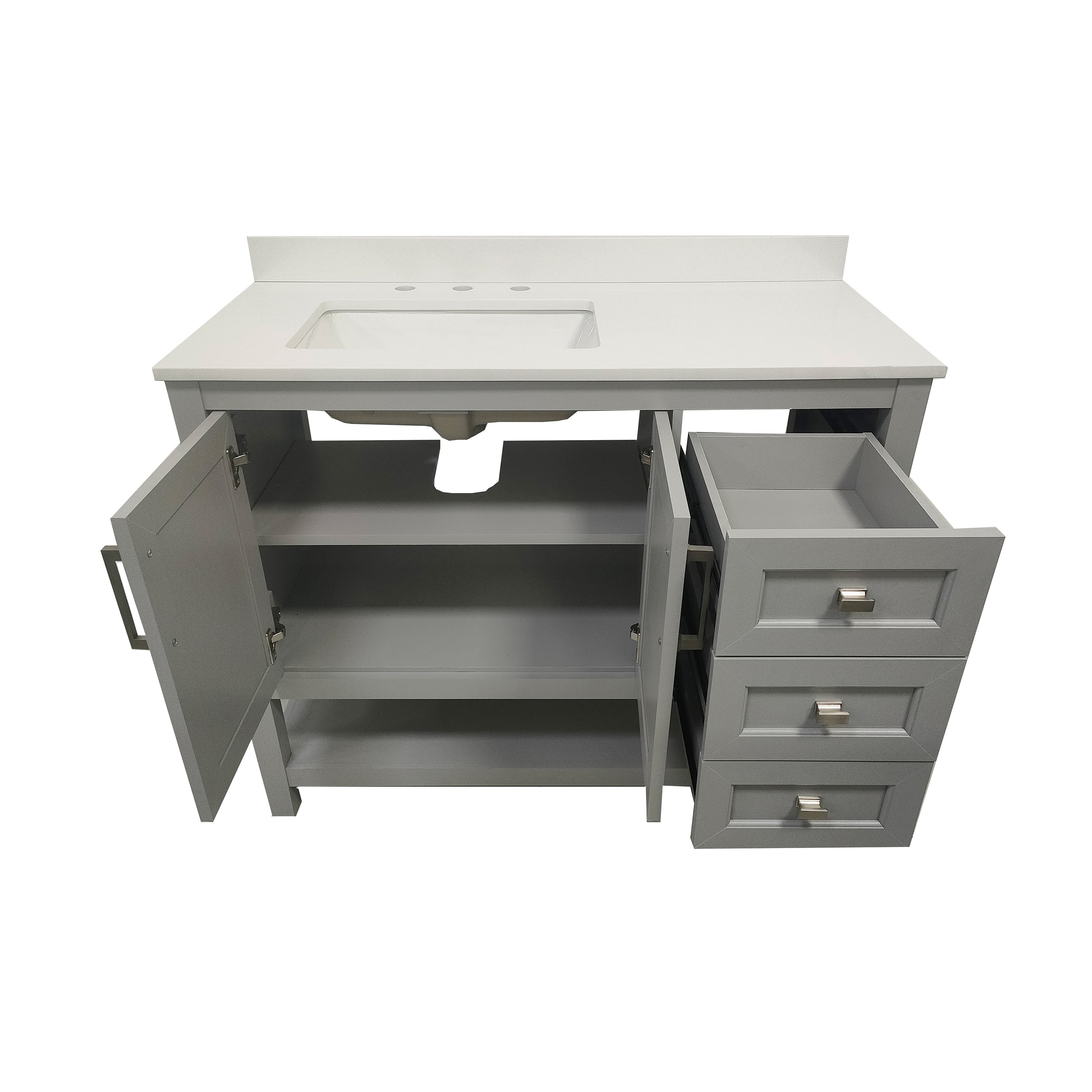 Vega 42 Inch Bathroom Vanity with Sink, Storage Cabinet with Soft Close Doors, Open Shelf and 3 Drawers, Carrara Marble Finish Countertop, Gray/White