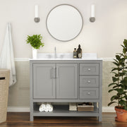 Vega 42 Inch Bathroom Vanity with Sink, Storage Cabinet with Soft Close Doors, Open Shelf and 3 Drawers, Carrara Marble Finish Countertop, Gray/White