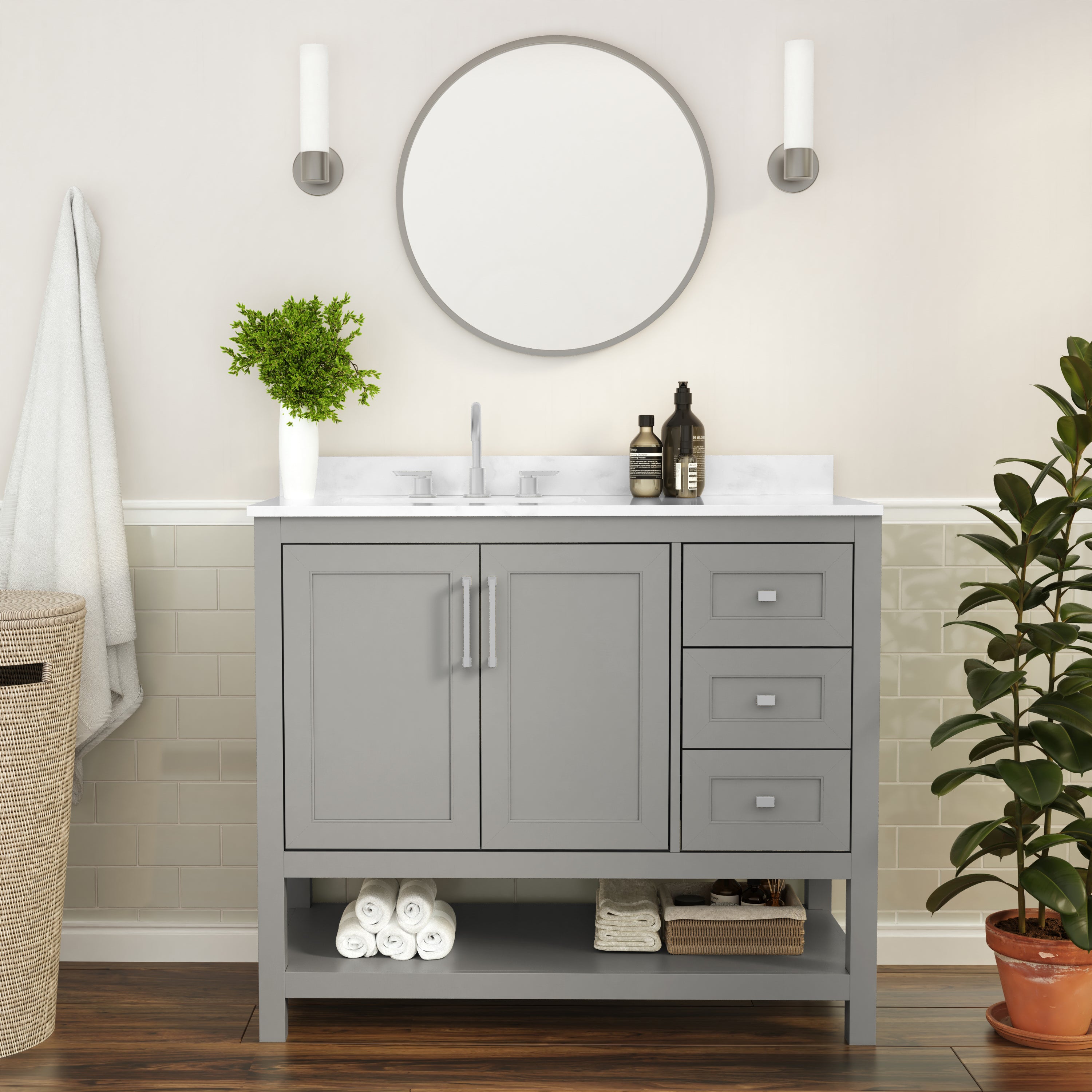 Vega 42 Inch Bathroom Vanity with Sink, Storage Cabinet with Soft Close Doors, Open Shelf and 3 Drawers, Carrara Marble Finish Countertop, Gray/White