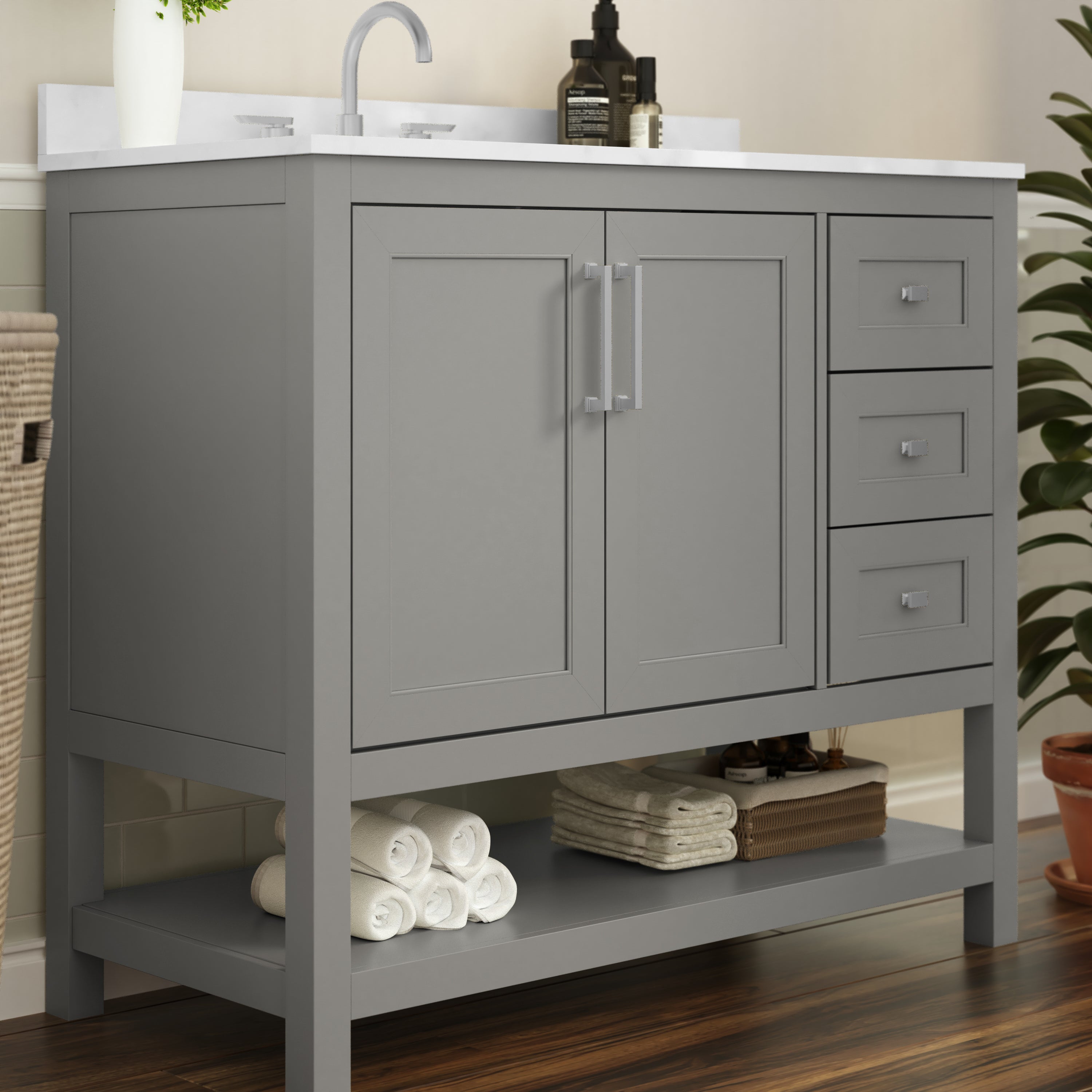 Vega 42 Inch Bathroom Vanity with Sink, Storage Cabinet with Soft Close Doors, Open Shelf and 3 Drawers, Carrara Marble Finish Countertop, Gray/White