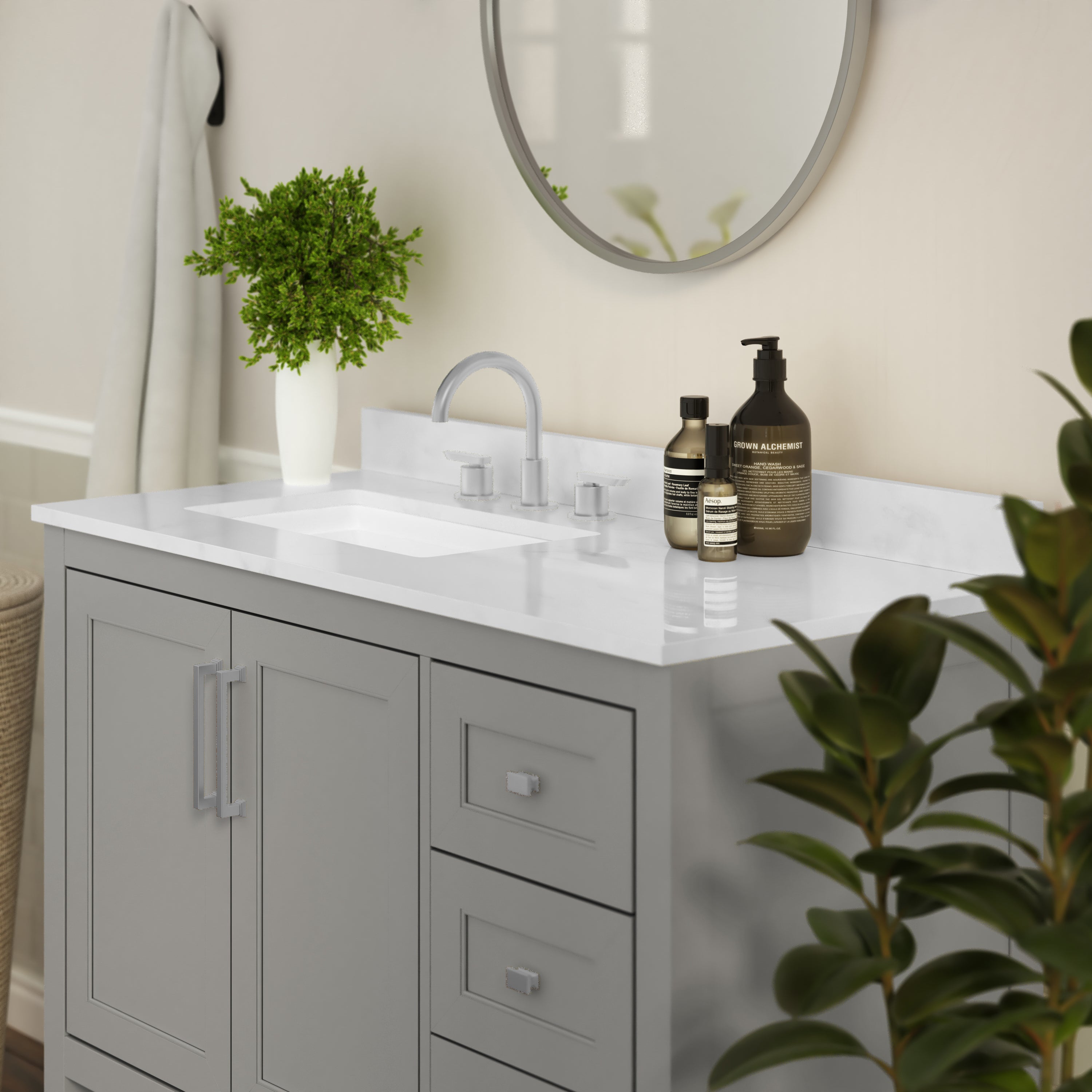 Vega 42 Inch Bathroom Vanity with Sink, Storage Cabinet with Soft Close Doors, Open Shelf and 3 Drawers, Carrara Marble Finish Countertop, Gray/White