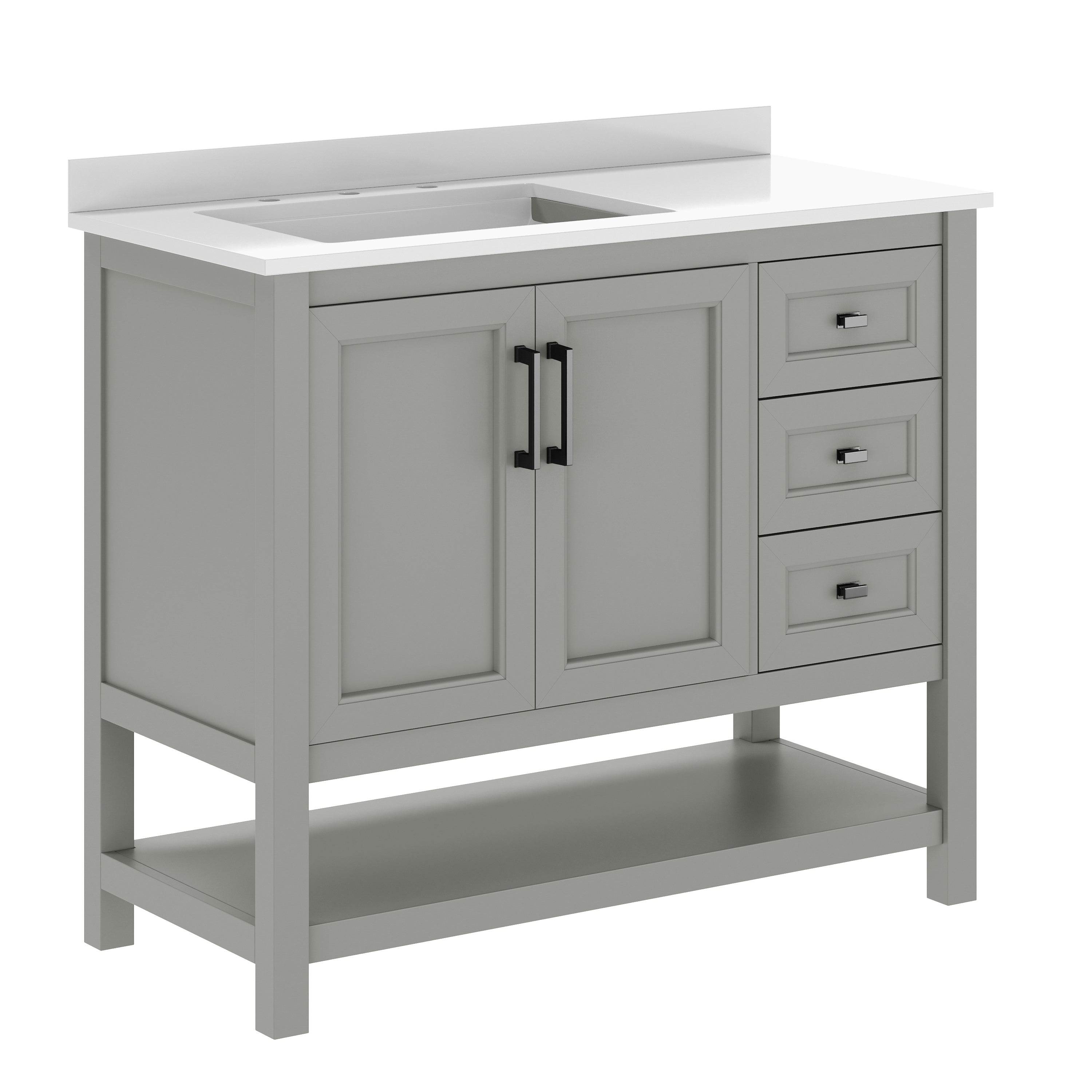 Vega 42" Bathroom Vanity with Sink, Cabinet with Black Hardware, Soft Close Doors, Open Shelf & 3 Drawers, Carrara Marble Finish Counter, Gray/White