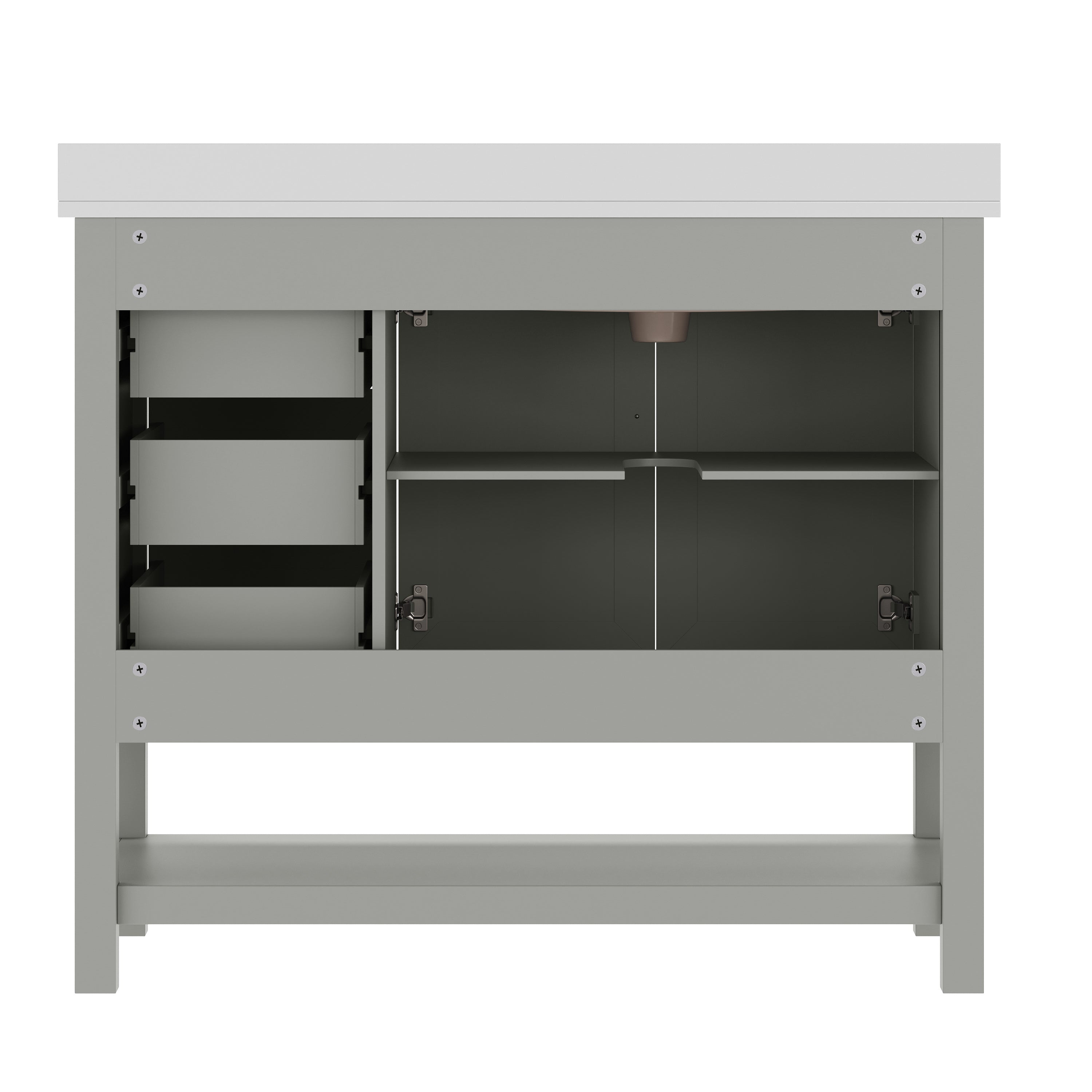 Vega 42" Bathroom Vanity with Sink, Cabinet with Black Hardware, Soft Close Doors, Open Shelf & 3 Drawers, Carrara Marble Finish Counter, Gray/White