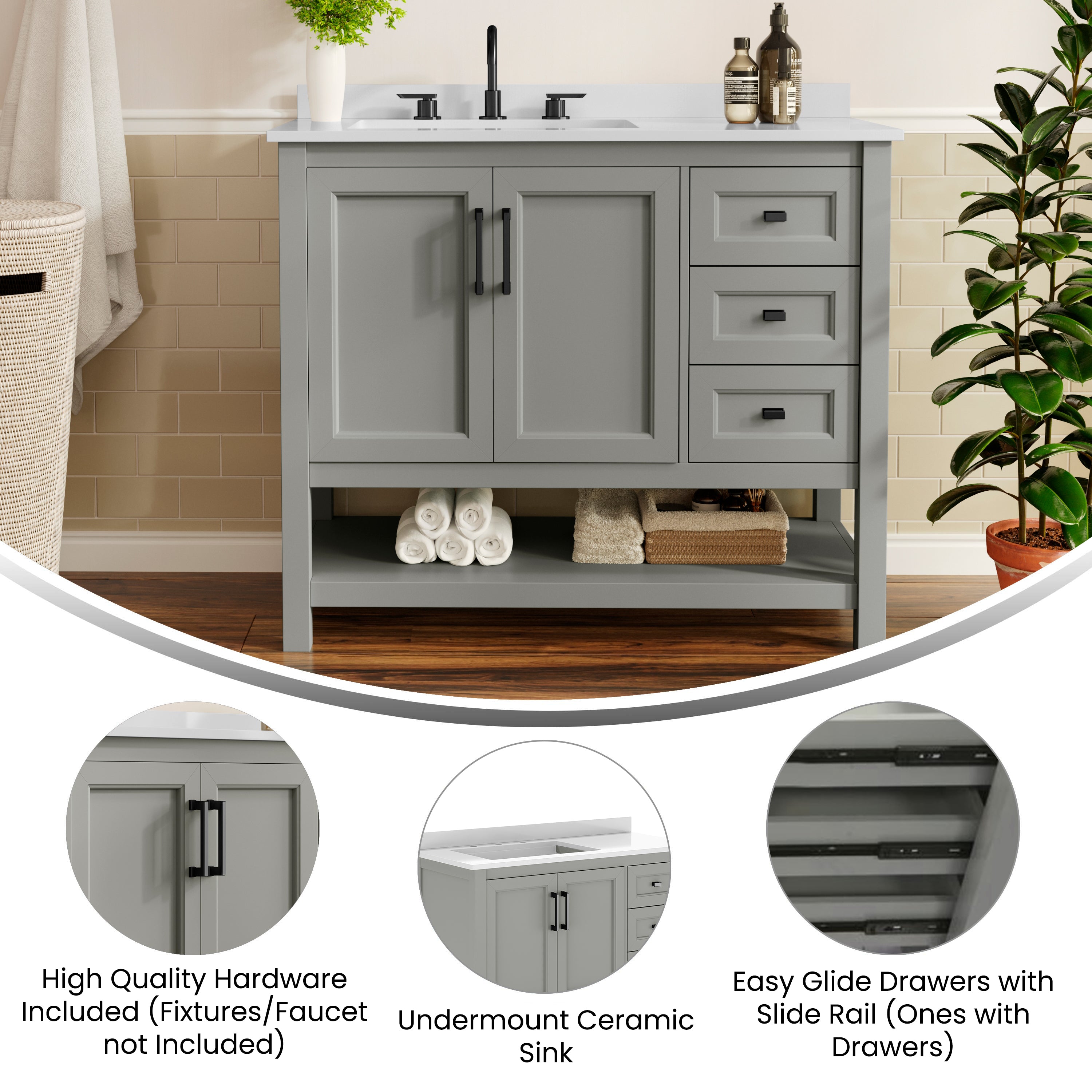 Vega 42" Bathroom Vanity with Sink, Cabinet with Black Hardware, Soft Close Doors, Open Shelf & 3 Drawers, Carrara Marble Finish Counter, Gray/White