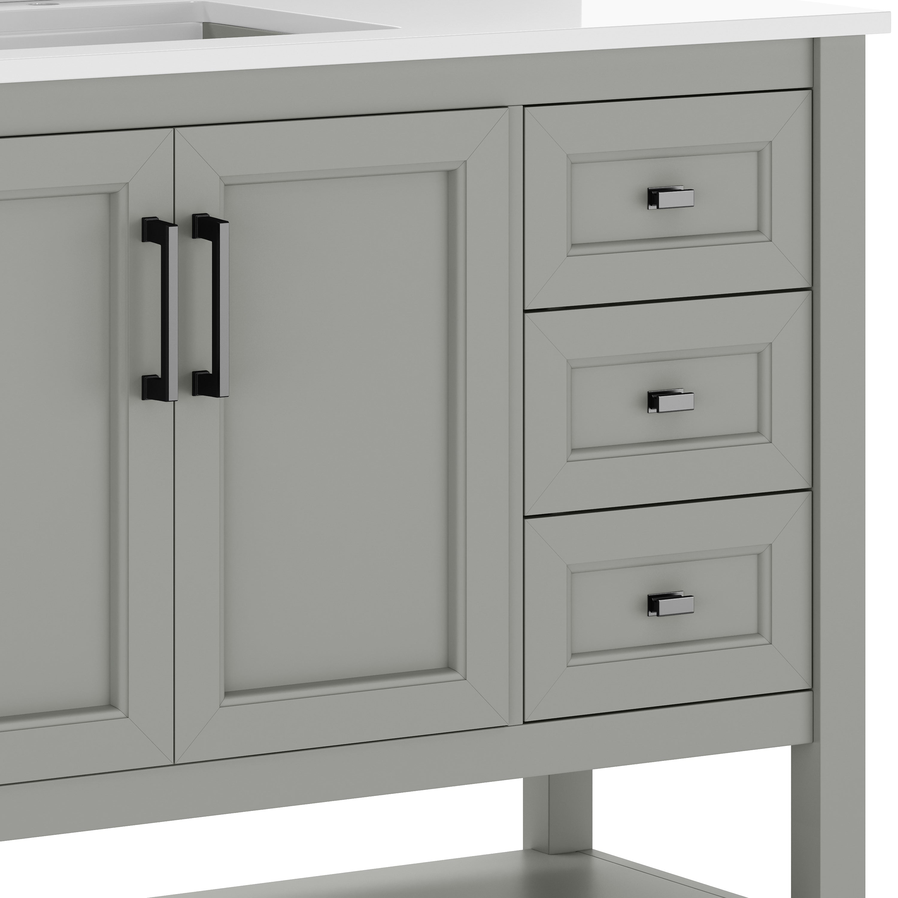 Vega 42" Bathroom Vanity with Sink, Cabinet with Black Hardware, Soft Close Doors, Open Shelf & 3 Drawers, Carrara Marble Finish Counter, Gray/White