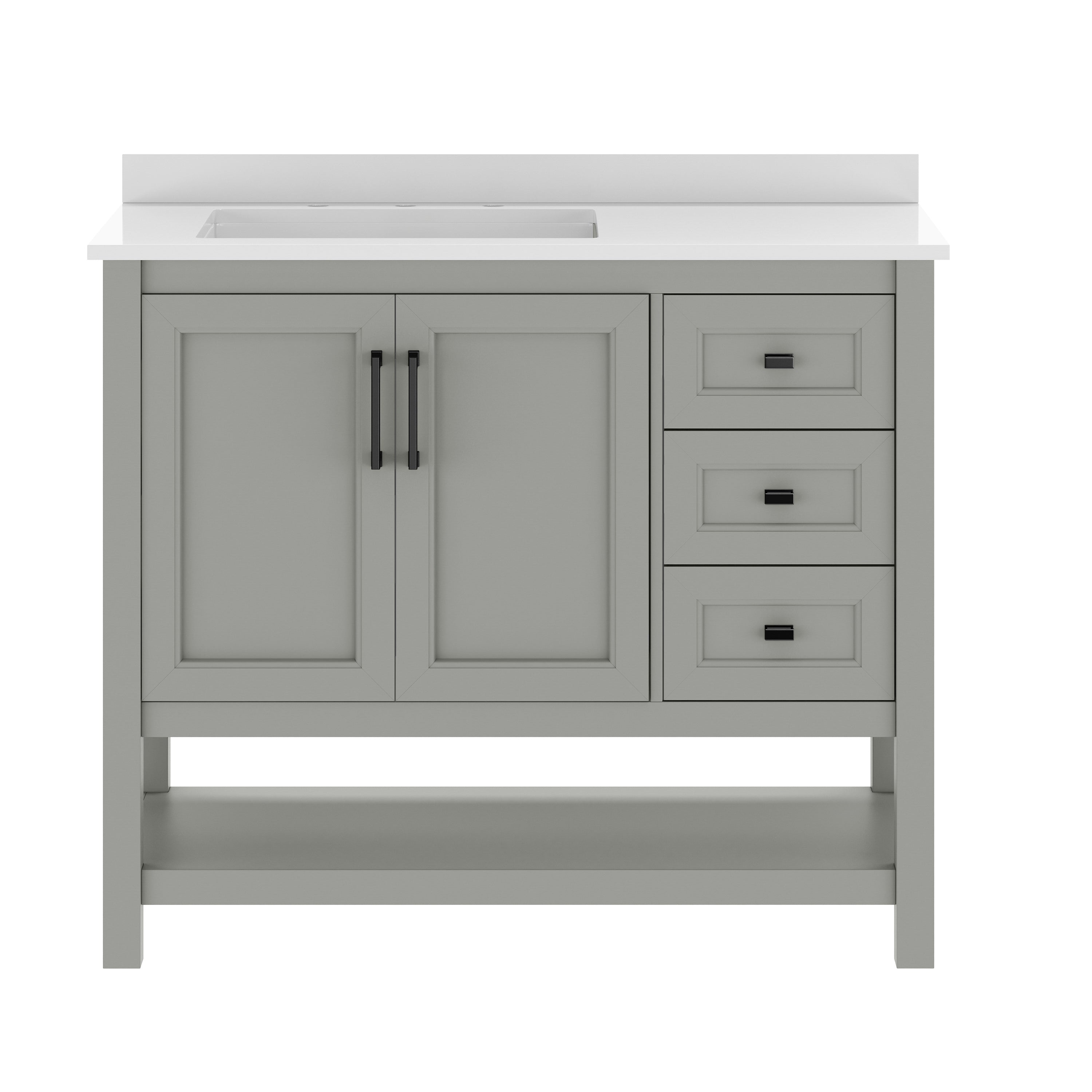 Vega 42" Bathroom Vanity with Sink, Cabinet with Black Hardware, Soft Close Doors, Open Shelf & 3 Drawers, Carrara Marble Finish Counter, Gray/White
