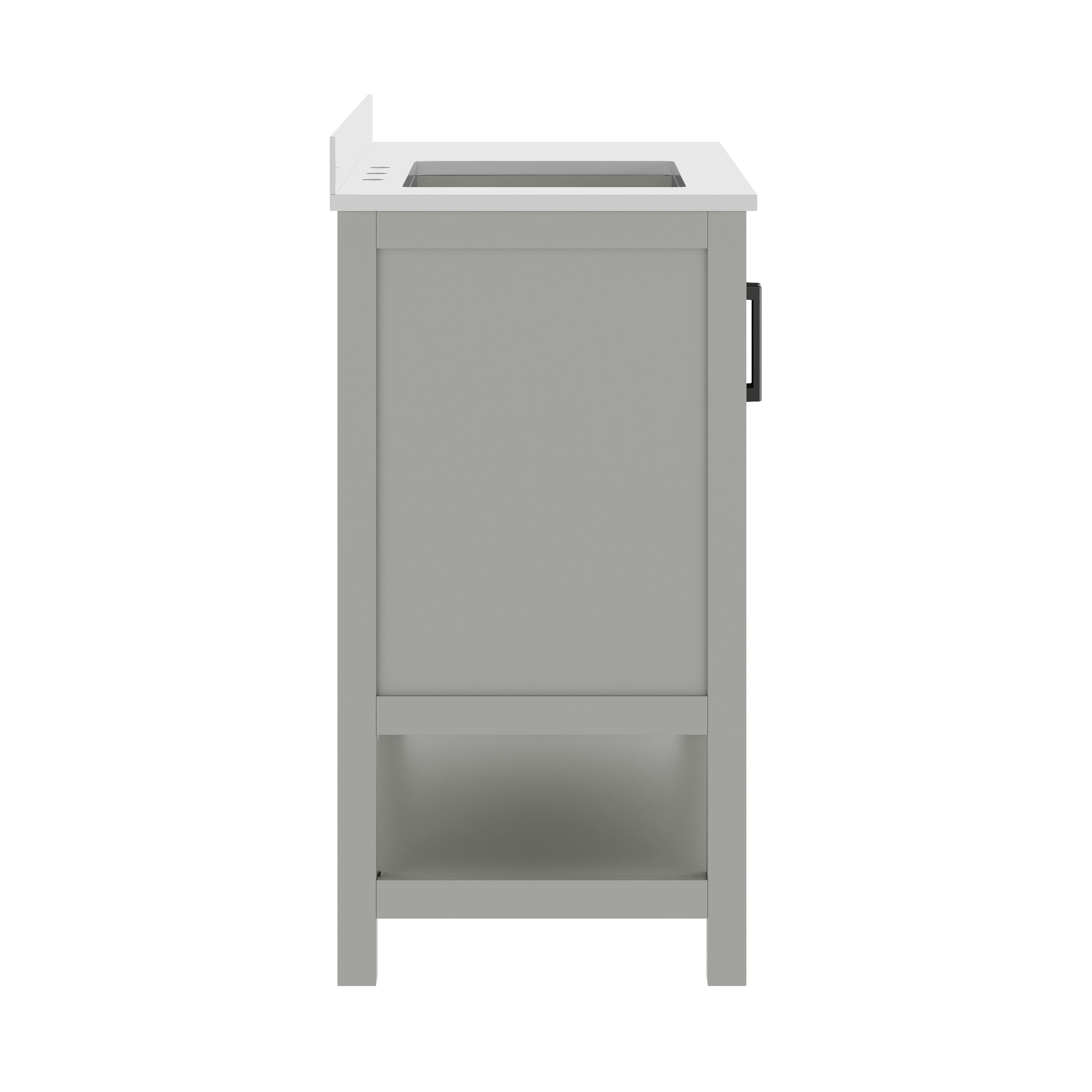 Vega 42" Bathroom Vanity with Sink, Cabinet with Black Hardware, Soft Close Doors, Open Shelf & 3 Drawers, Carrara Marble Finish Counter, Gray/White