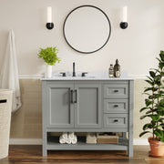 Vega 42" Bathroom Vanity with Sink, Cabinet with Black Hardware, Soft Close Doors, Open Shelf & 3 Drawers, Carrara Marble Finish Counter, Gray/White