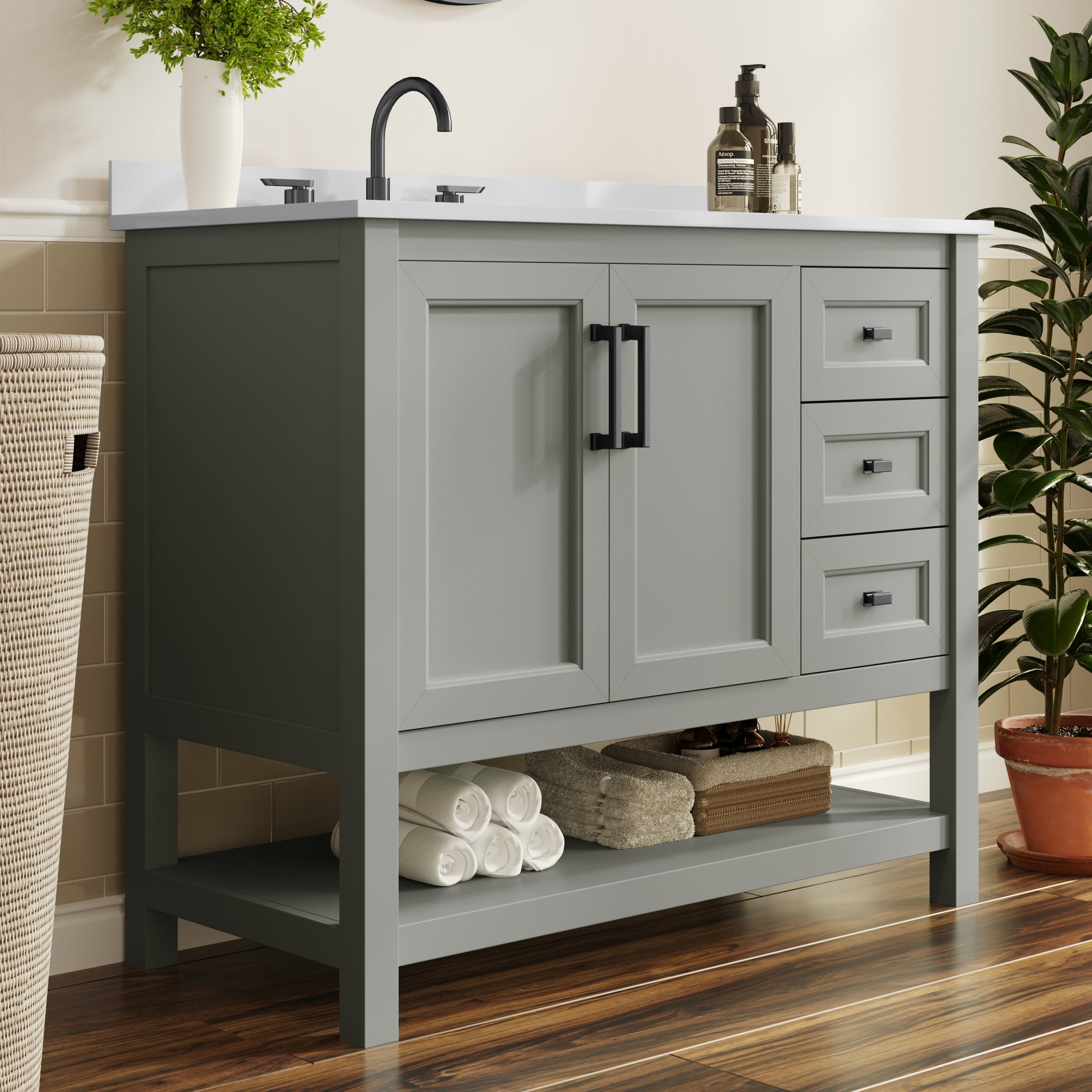 Vega 42" Bathroom Vanity with Sink, Cabinet with Black Hardware, Soft Close Doors, Open Shelf & 3 Drawers, Carrara Marble Finish Counter, Gray/White