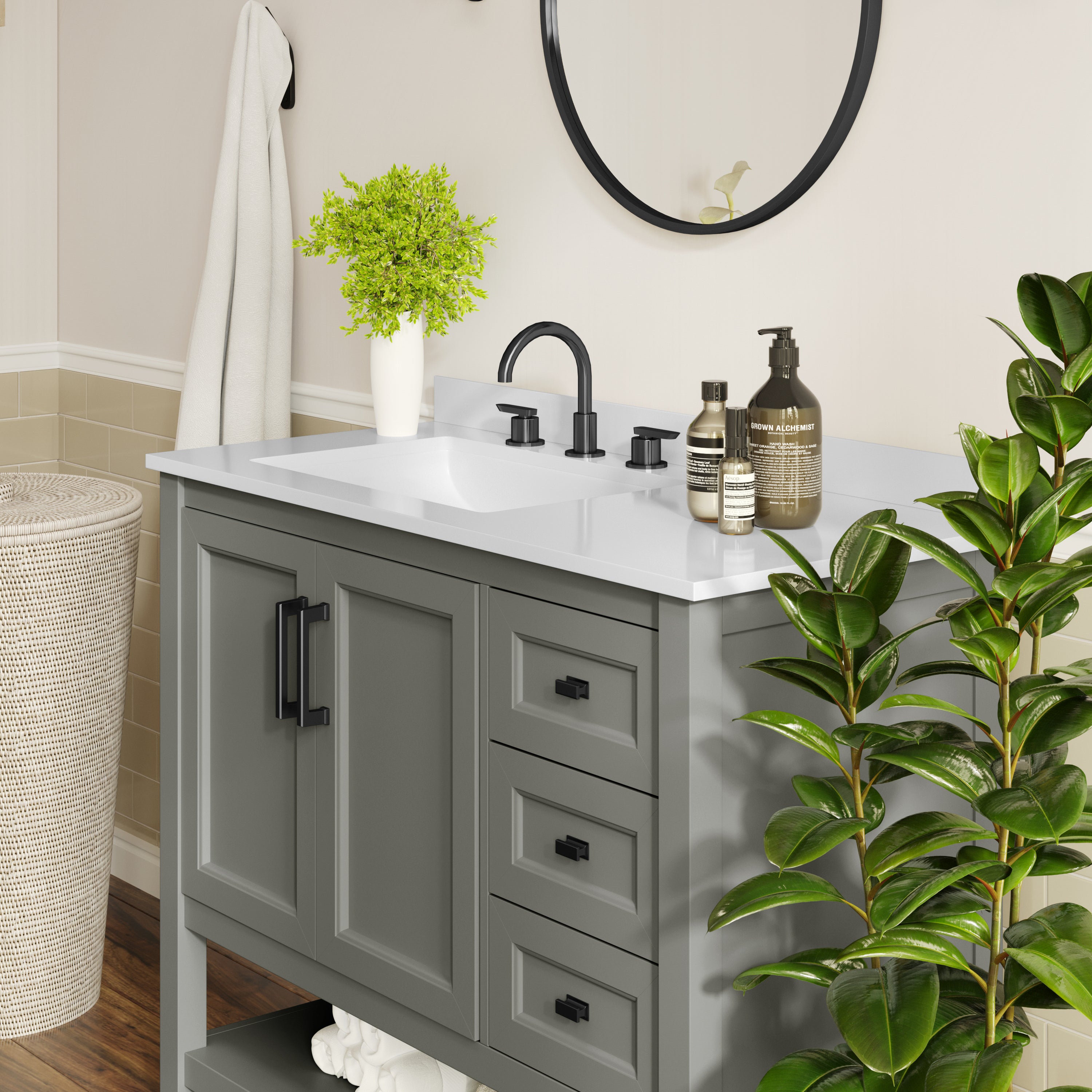 Vega 42" Bathroom Vanity with Sink, Cabinet with Black Hardware, Soft Close Doors, Open Shelf & 3 Drawers, Carrara Marble Finish Counter, Gray/White