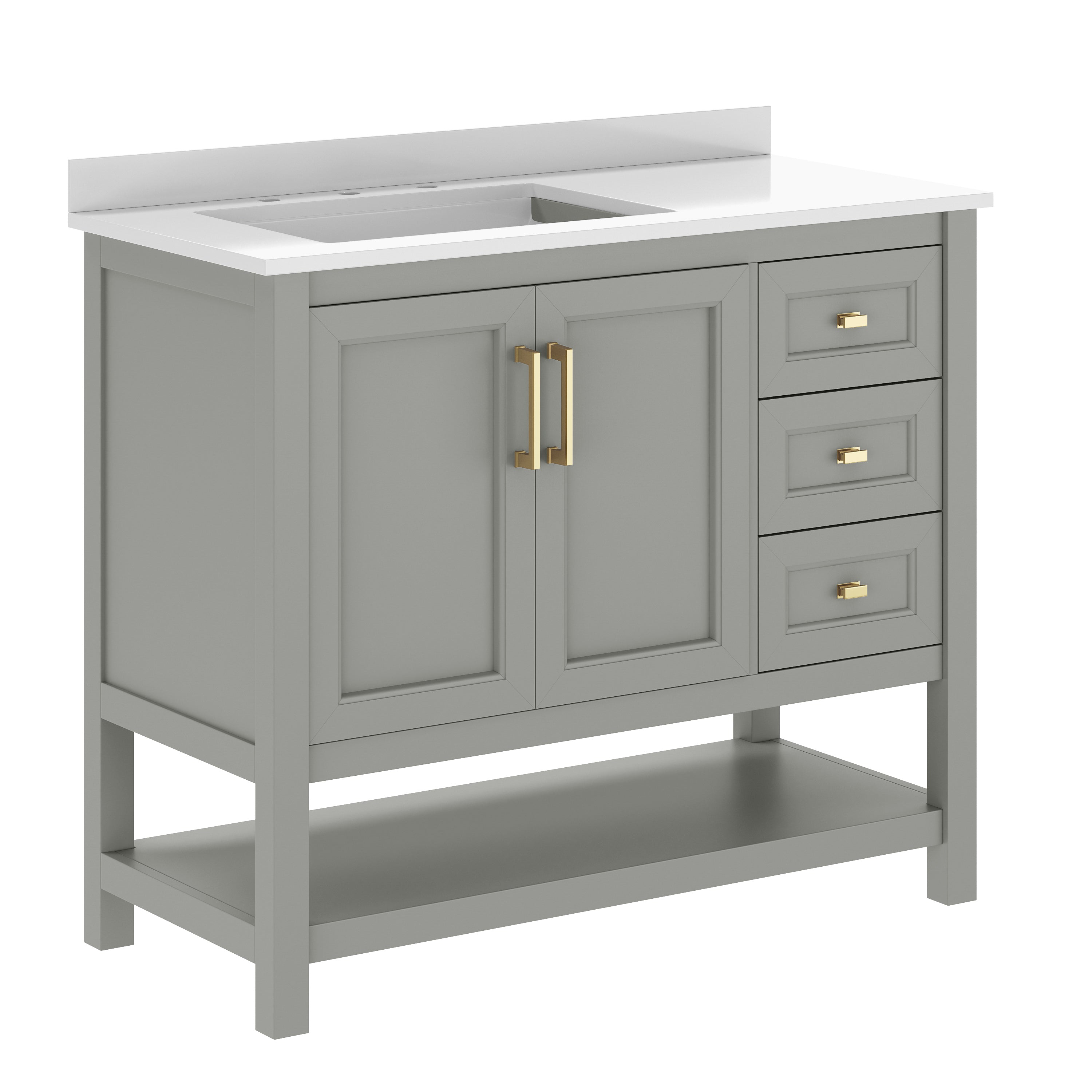 Vega 42" Bathroom Vanity with Sink, Cabinet with Gold Hardware, Soft Close Doors, Open Shelf & 3 Drawers, Carrara Marble Finish Counter, Gray/White
