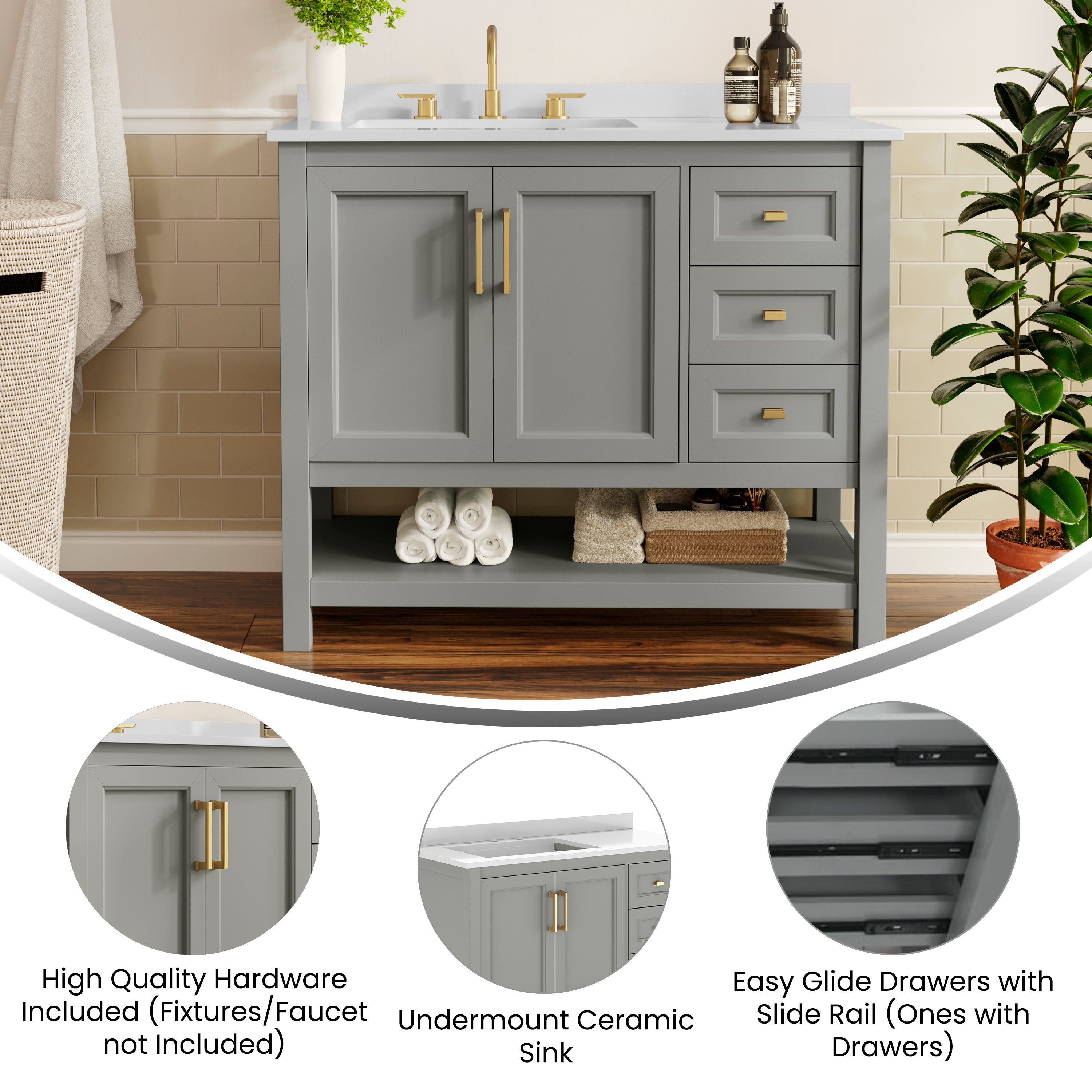 Vega 42" Bathroom Vanity with Sink, Cabinet with Gold Hardware, Soft Close Doors, Open Shelf & 3 Drawers, Carrara Marble Finish Counter, Gray/White