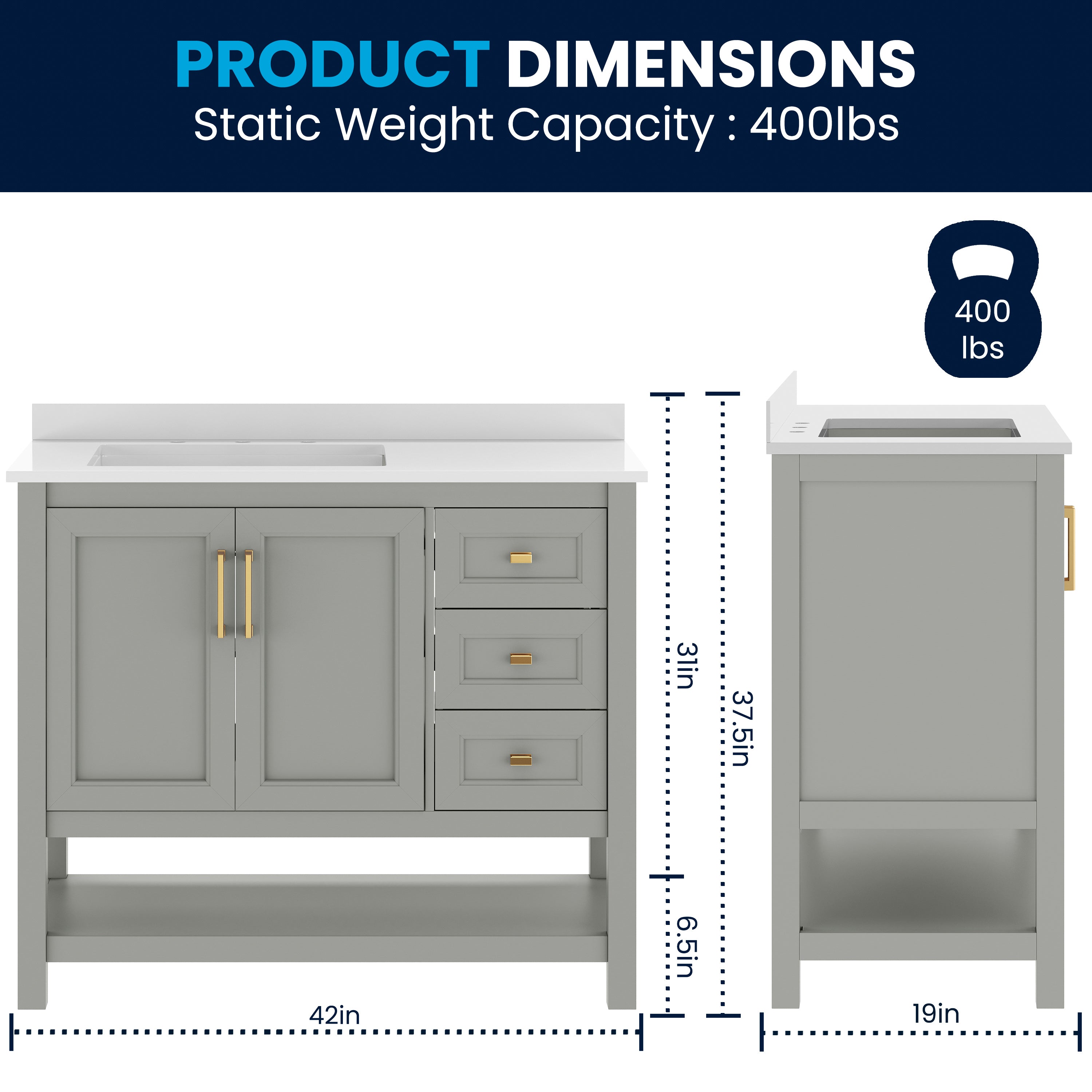 Vega 42" Bathroom Vanity with Sink, Cabinet with Gold Hardware, Soft Close Doors, Open Shelf & 3 Drawers, Carrara Marble Finish Counter, Gray/White