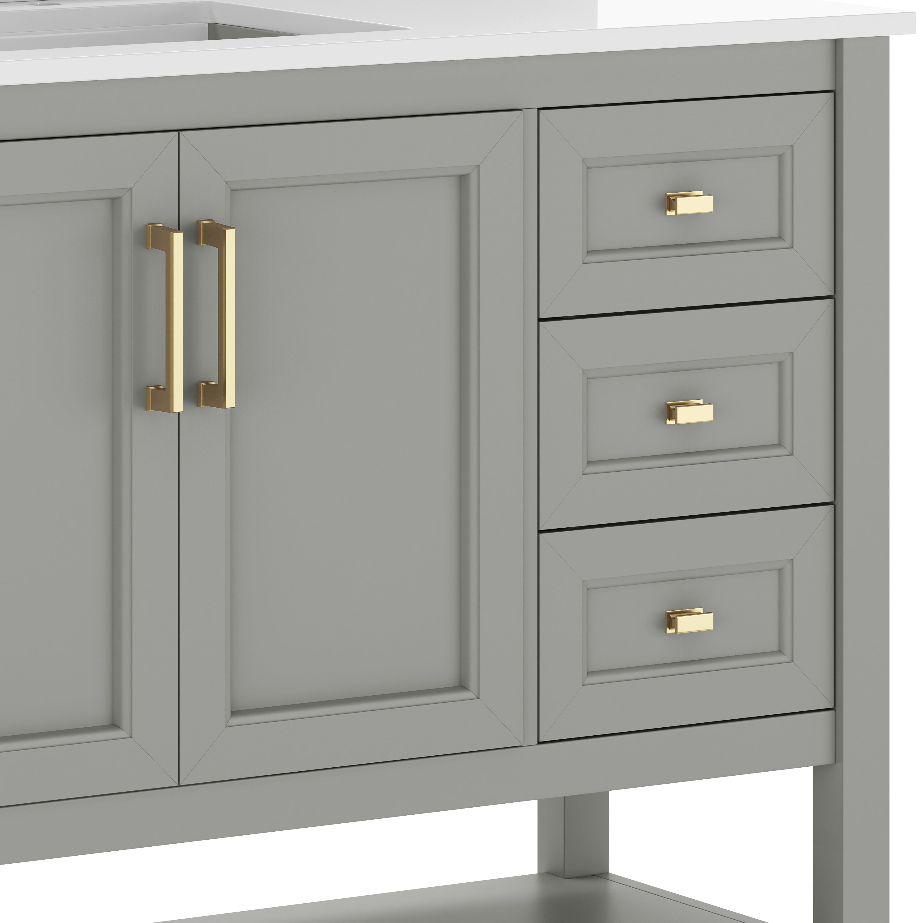 Vega 42" Bathroom Vanity with Sink, Cabinet with Gold Hardware, Soft Close Doors, Open Shelf & 3 Drawers, Carrara Marble Finish Counter, Gray/White