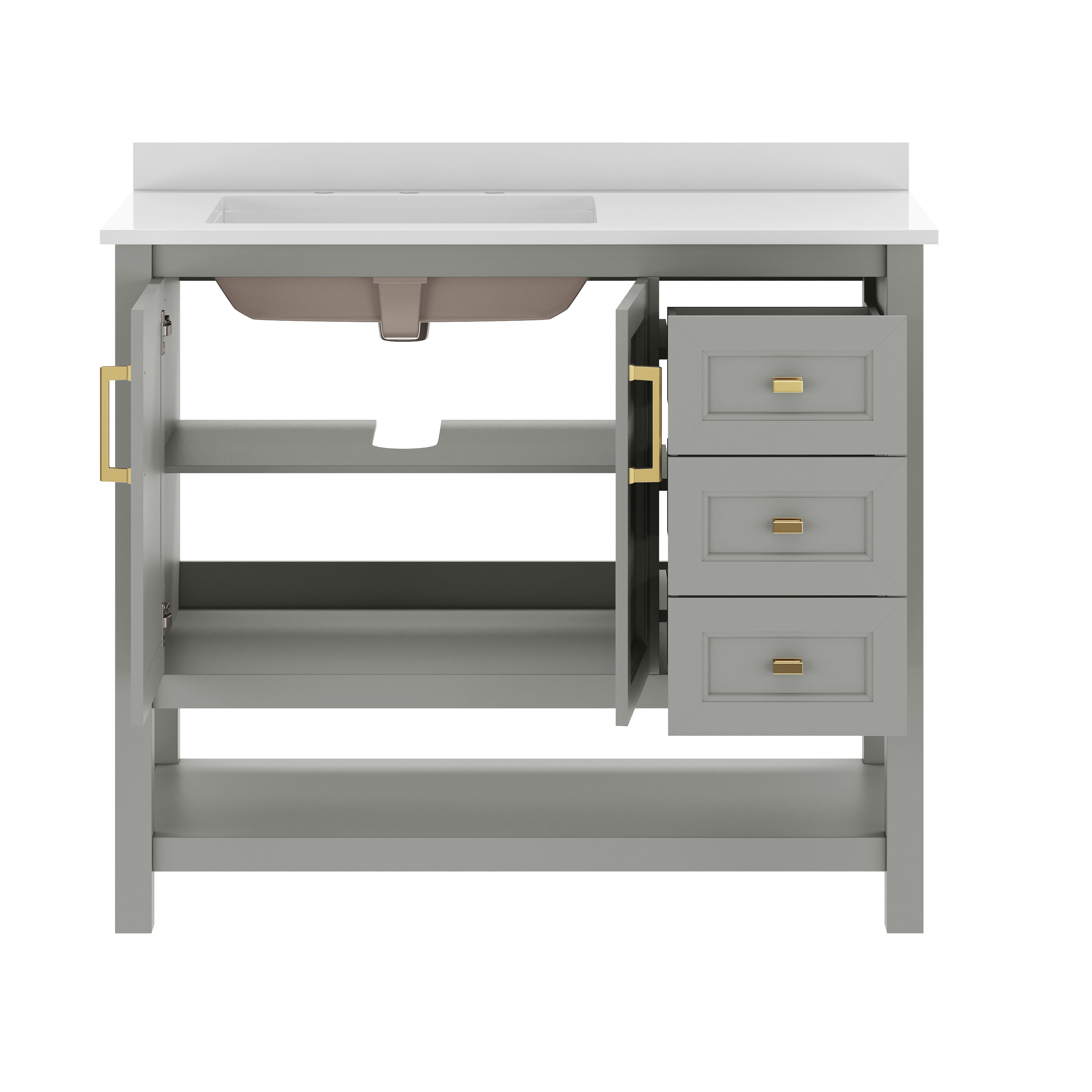 Vega 42" Bathroom Vanity with Sink, Cabinet with Gold Hardware, Soft Close Doors, Open Shelf & 3 Drawers, Carrara Marble Finish Counter, Gray/White
