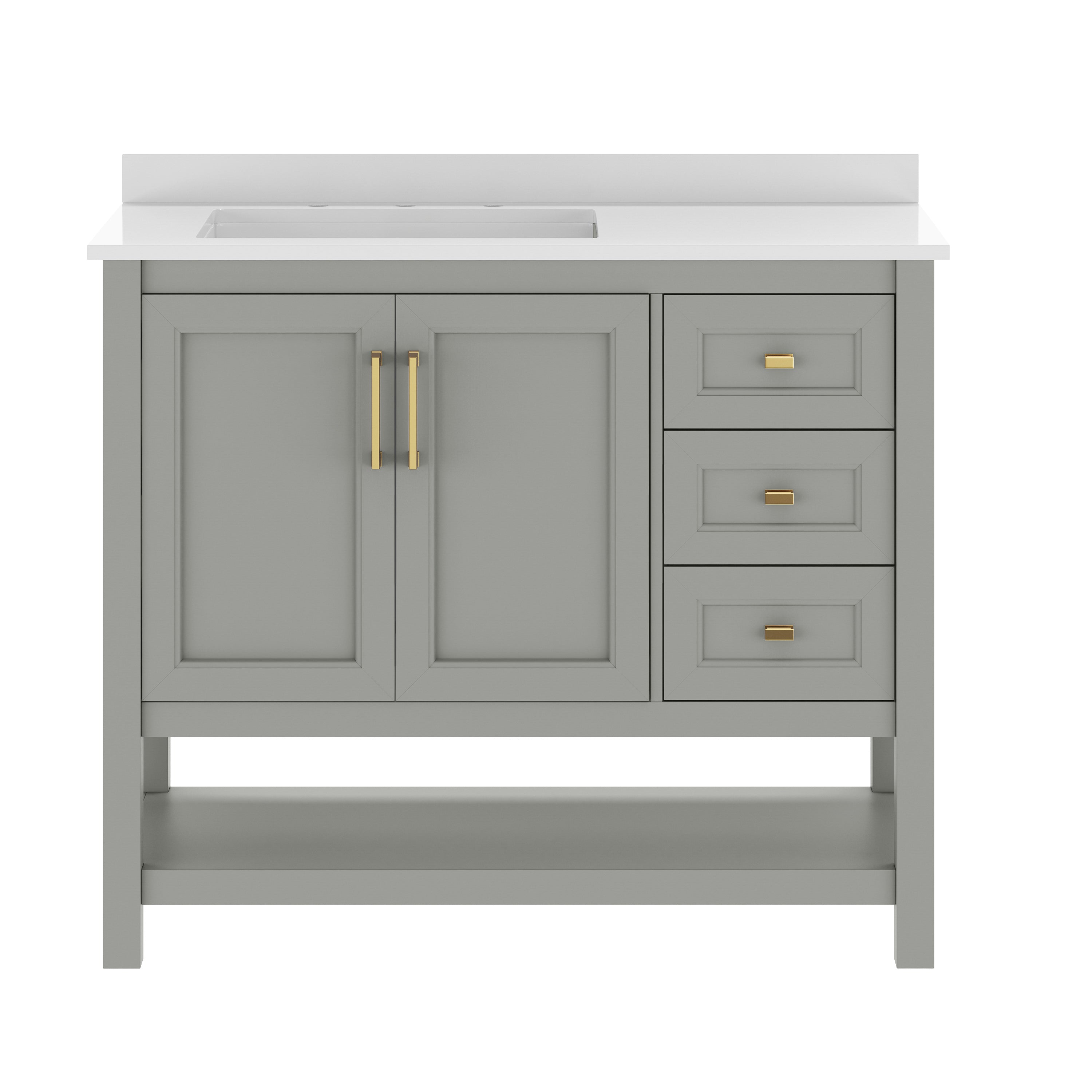 Vega 42" Bathroom Vanity with Sink, Cabinet with Gold Hardware, Soft Close Doors, Open Shelf & 3 Drawers, Carrara Marble Finish Counter, Gray/White