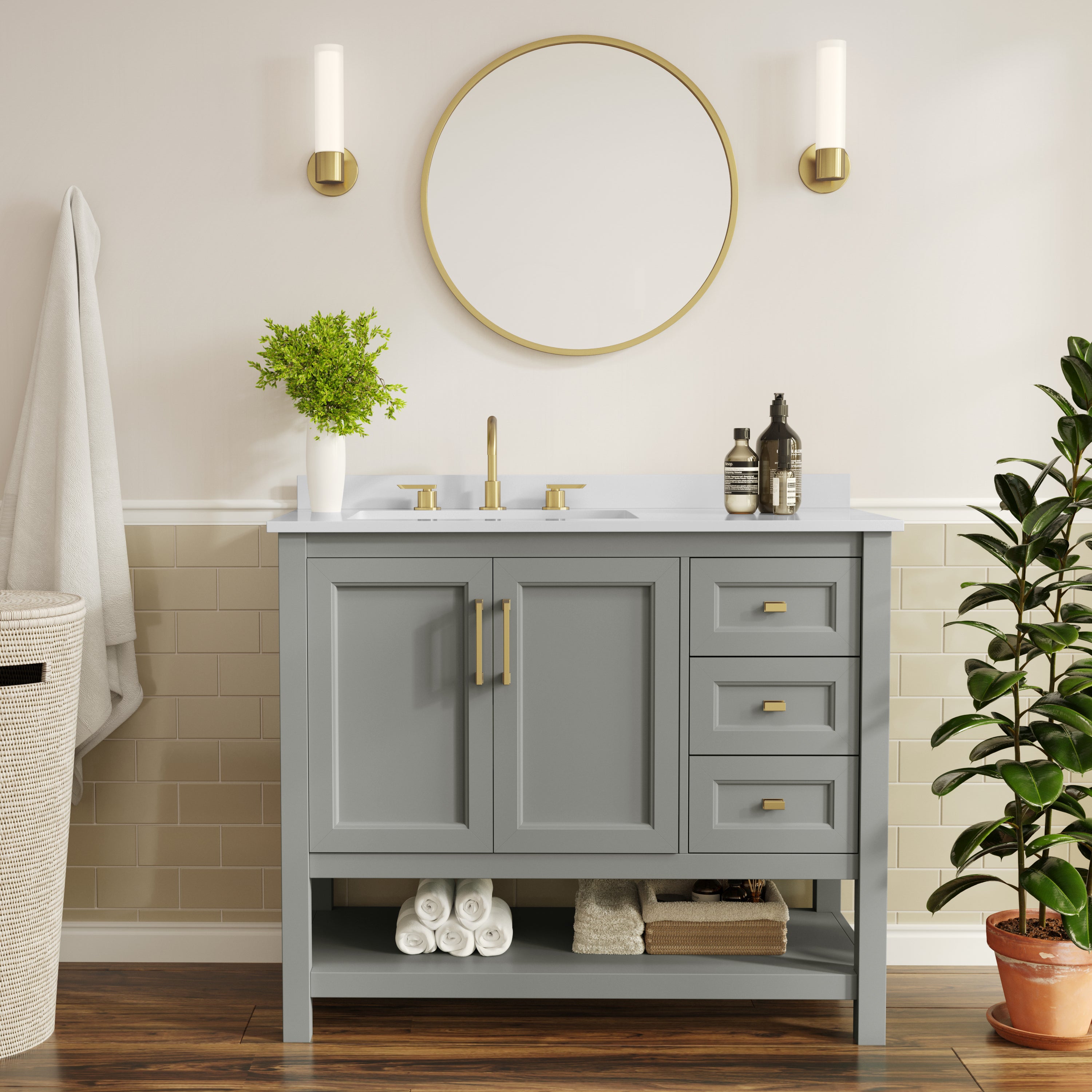 Vega 42" Bathroom Vanity with Sink, Cabinet with Gold Hardware, Soft Close Doors, Open Shelf & 3 Drawers, Carrara Marble Finish Counter, Gray/White