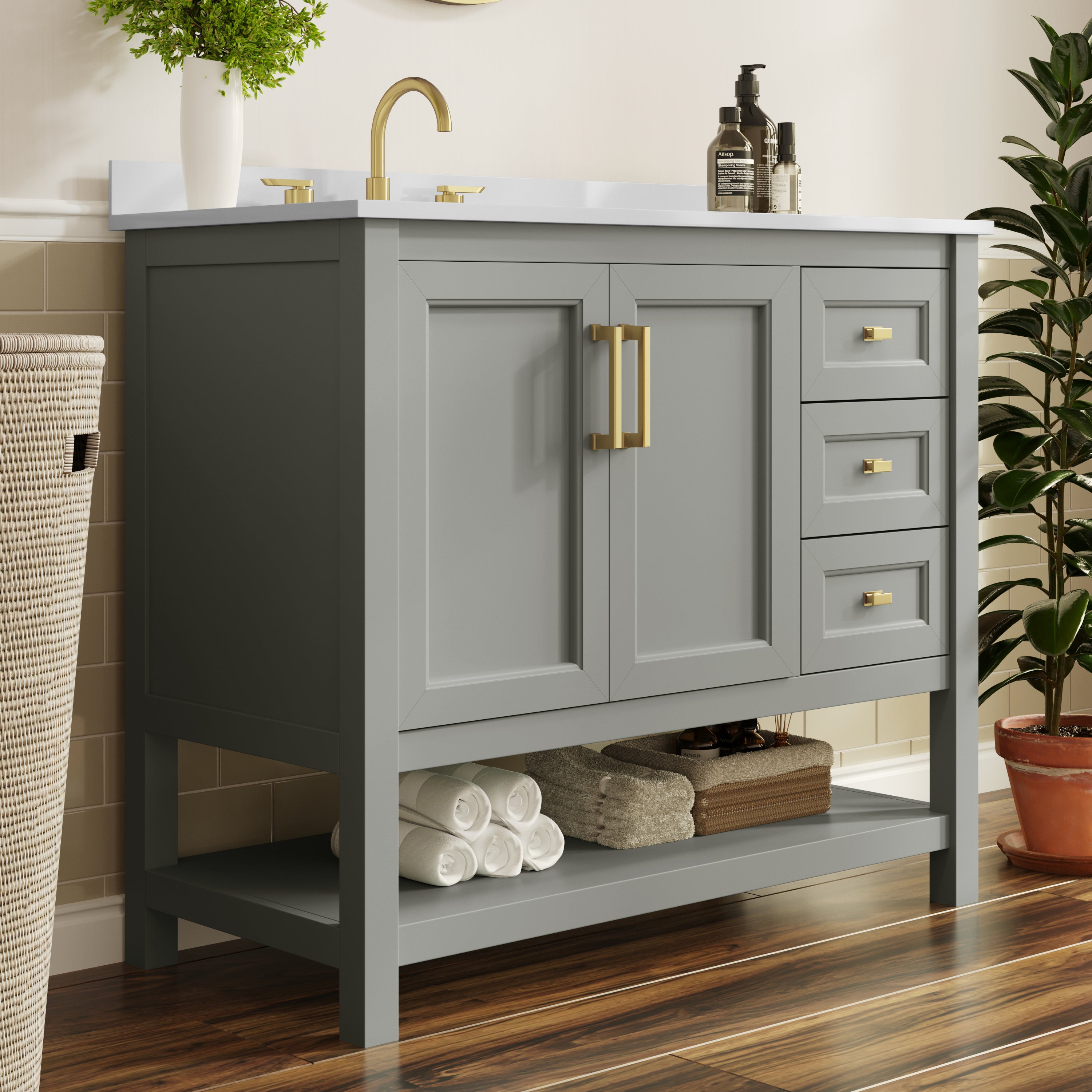 Vega 42" Bathroom Vanity with Sink, Cabinet with Gold Hardware, Soft Close Doors, Open Shelf & 3 Drawers, Carrara Marble Finish Counter, Gray/White