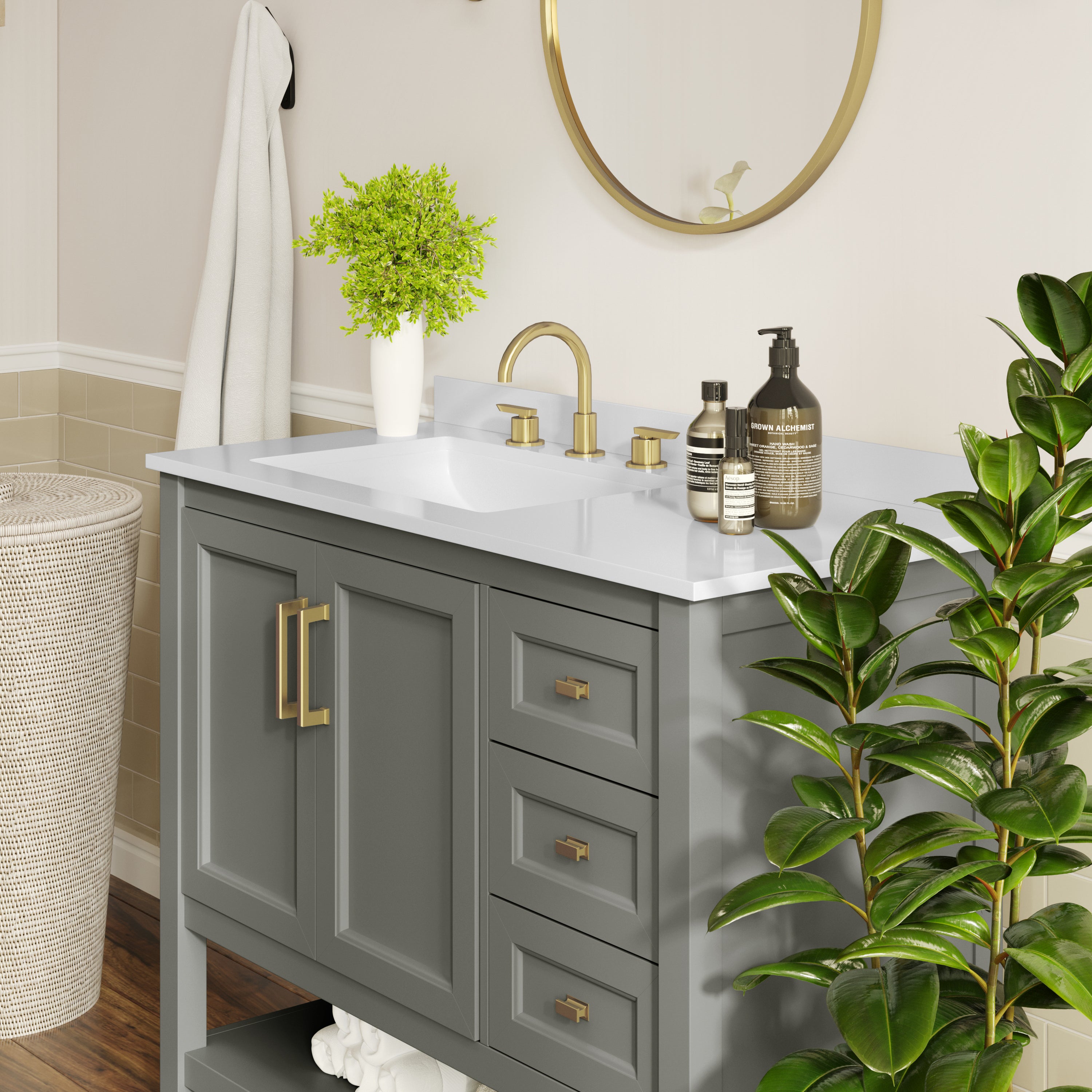 Vega 42" Bathroom Vanity with Sink, Cabinet with Gold Hardware, Soft Close Doors, Open Shelf & 3 Drawers, Carrara Marble Finish Counter, Gray/White