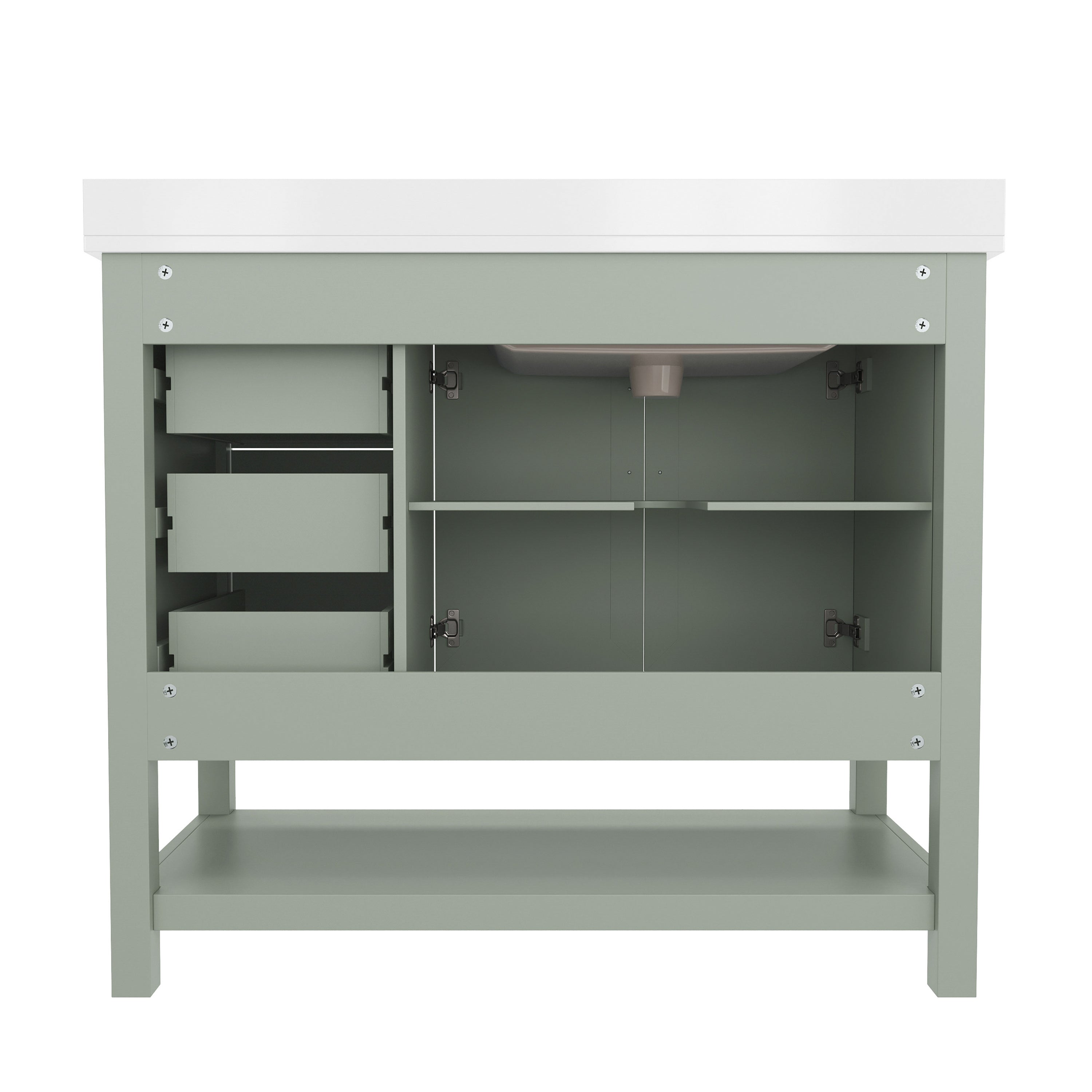 Vega 42 Inch Bathroom Vanity with Sink, Storage Cabinet with Soft Close Doors, Open Shelf and 3 Drawers, Carrara Marble Finish Countertop, Sage