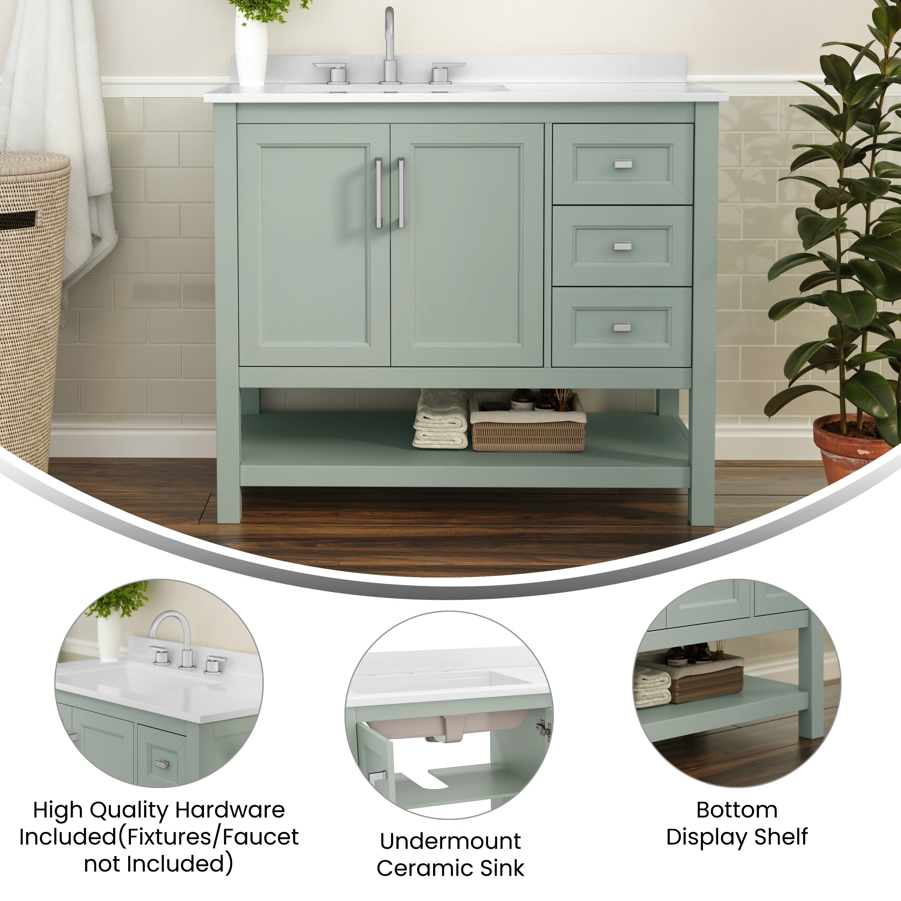 Vega 42 Inch Bathroom Vanity with Sink, Storage Cabinet with Soft Close Doors, Open Shelf and 3 Drawers, Carrara Marble Finish Countertop, Sage