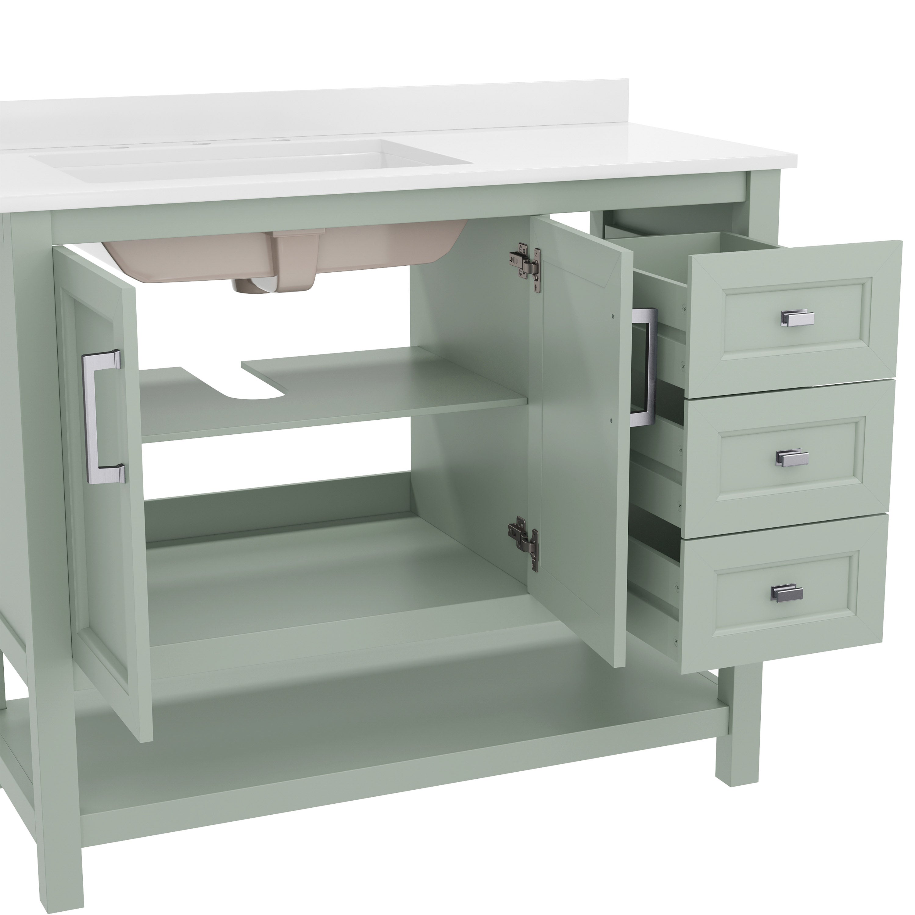 Vega 42 Inch Bathroom Vanity with Sink, Storage Cabinet with Soft Close Doors, Open Shelf and 3 Drawers, Carrara Marble Finish Countertop, Sage