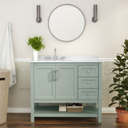 Vega 42 Inch Bathroom Vanity with Sink, Storage Cabinet with Soft Close Doors, Open Shelf and 3 Drawers, Carrara Marble Finish Countertop, Sage