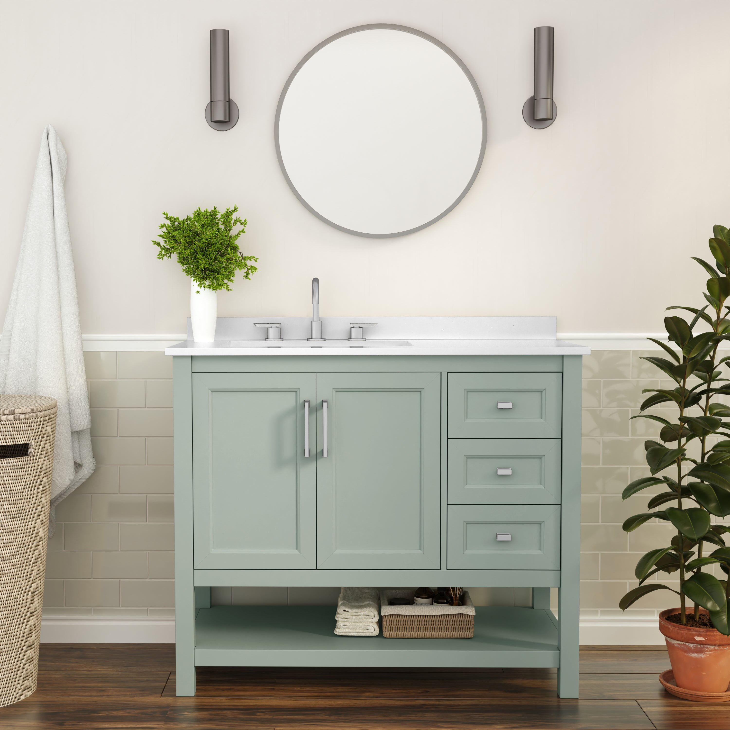Vega 42 Inch Bathroom Vanity with Sink, Storage Cabinet with Soft Close Doors, Open Shelf and 3 Drawers, Carrara Marble Finish Countertop, Sage