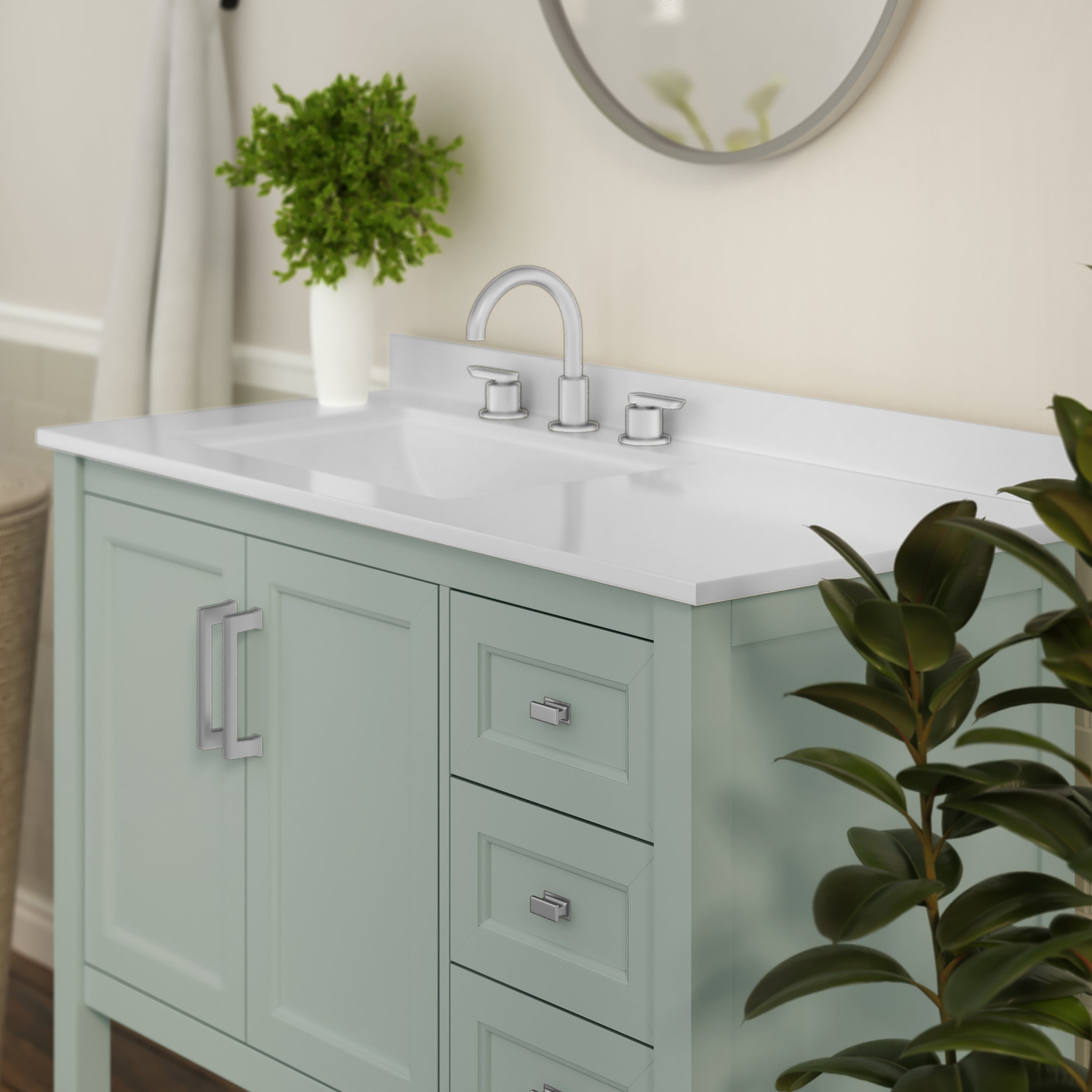 Vega 42 Inch Bathroom Vanity with Sink, Storage Cabinet with Soft Close Doors, Open Shelf and 3 Drawers, Carrara Marble Finish Countertop, Sage