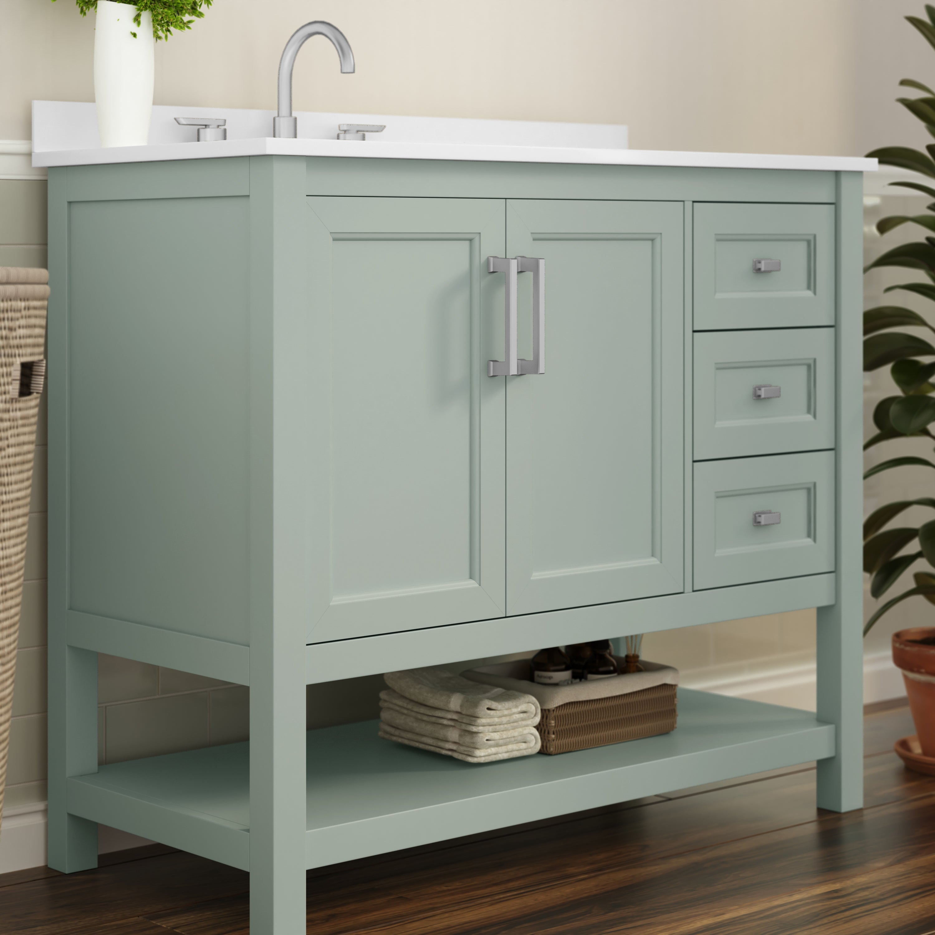 Vega 42 Inch Bathroom Vanity with Sink, Storage Cabinet with Soft Close Doors, Open Shelf and 3 Drawers, Carrara Marble Finish Countertop, Sage