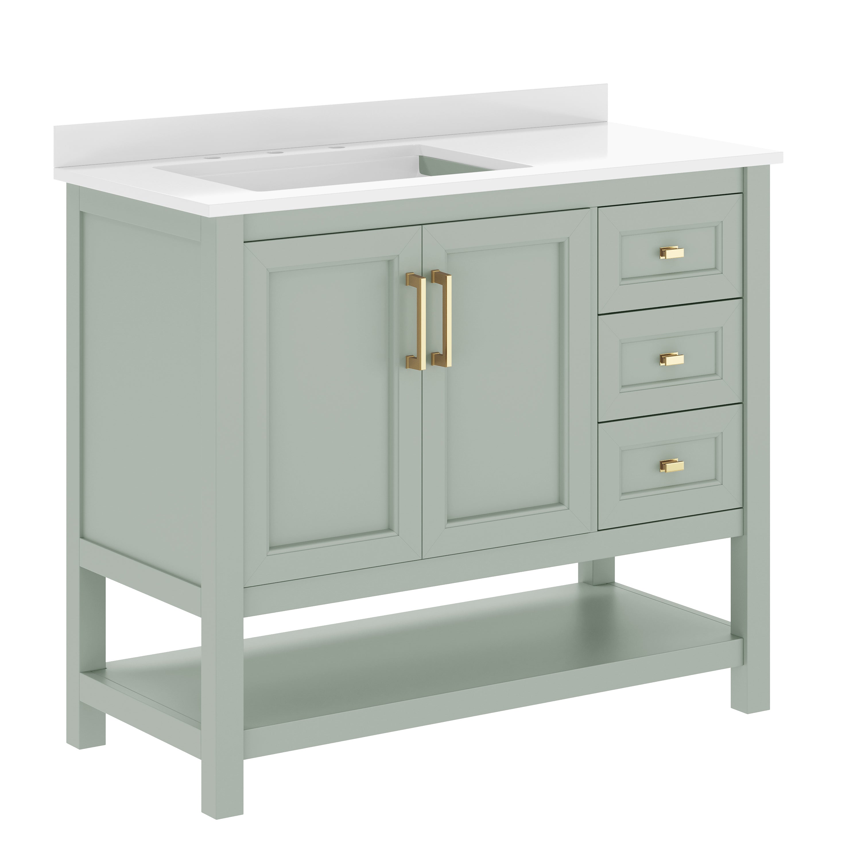 Vega 42" Bathroom Vanity with Sink, Cabinet with Gold Hardware, Soft Close Doors, Open Shelf & 3 Drawers, Carrara Marble Finish Counter, Sage/White
