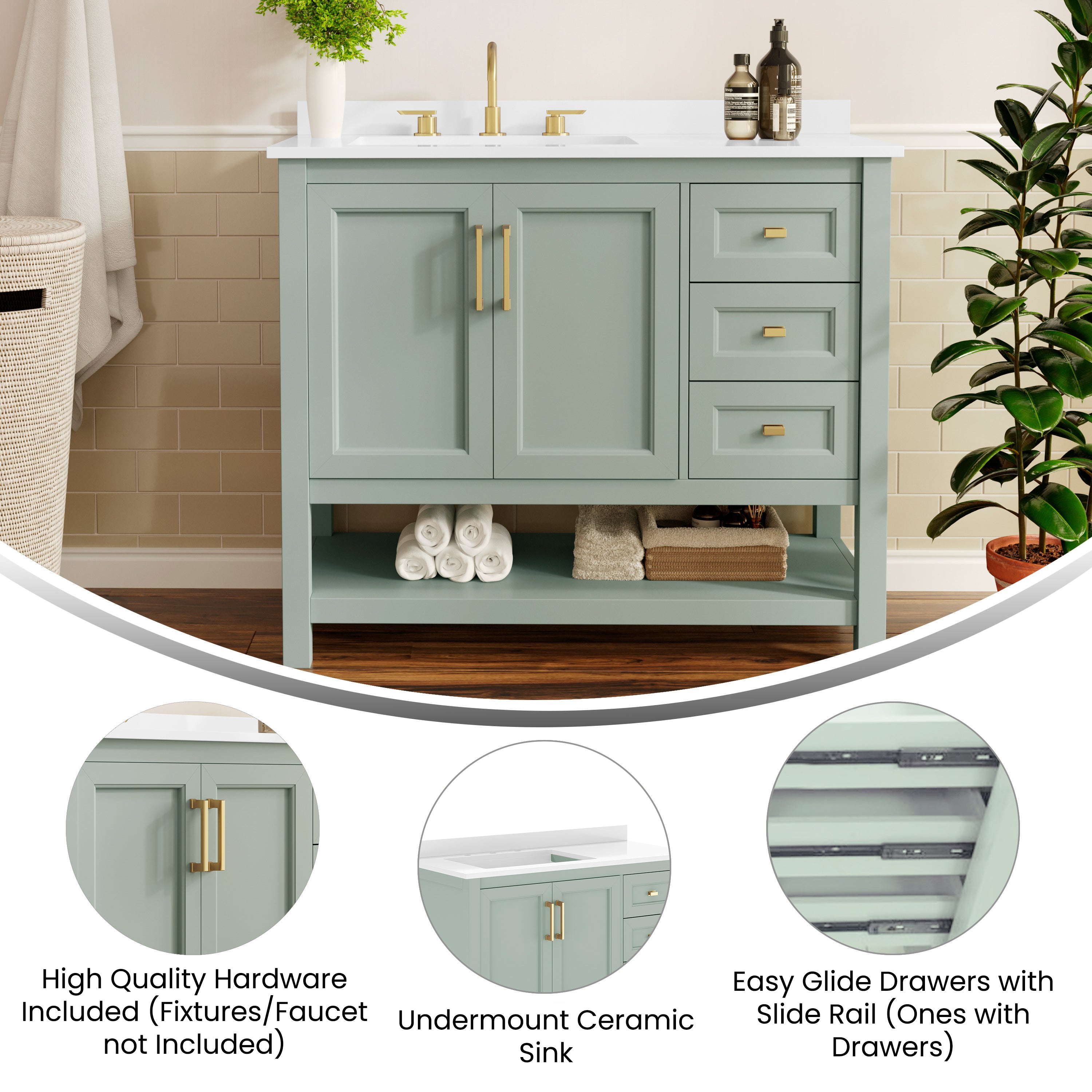 Vega 42" Bathroom Vanity with Sink, Cabinet with Gold Hardware, Soft Close Doors, Open Shelf & 3 Drawers, Carrara Marble Finish Counter, Sage/White