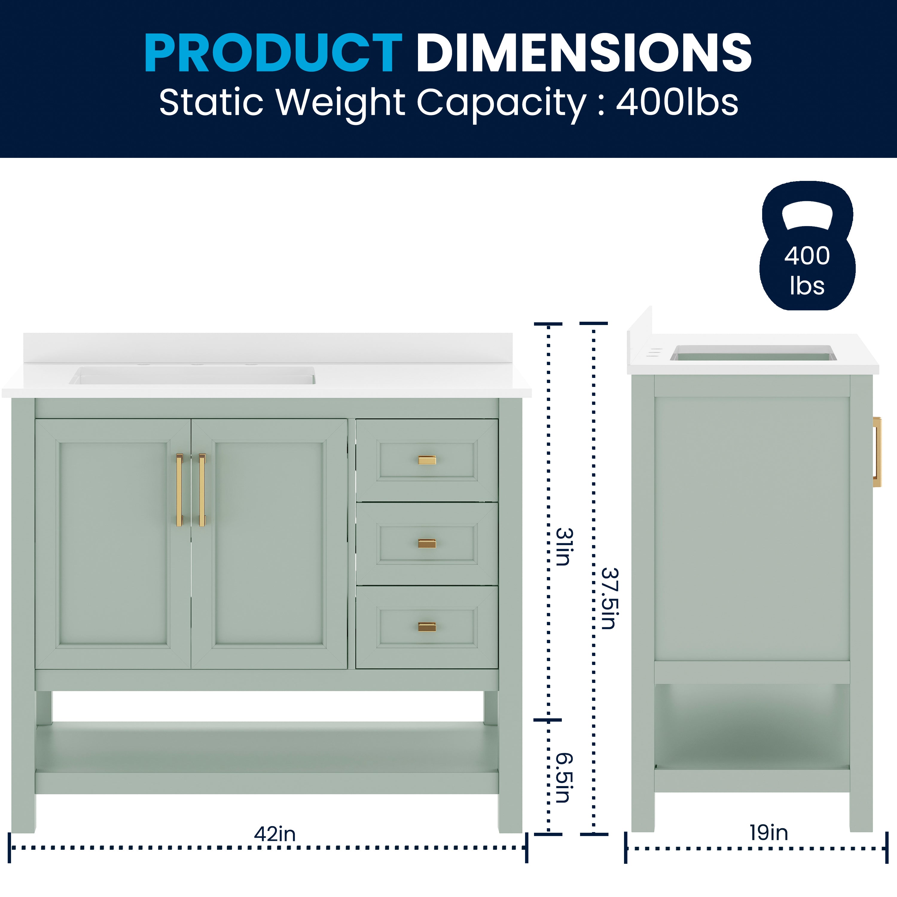 Vega 42" Bathroom Vanity with Sink, Cabinet with Gold Hardware, Soft Close Doors, Open Shelf & 3 Drawers, Carrara Marble Finish Counter, Sage/White