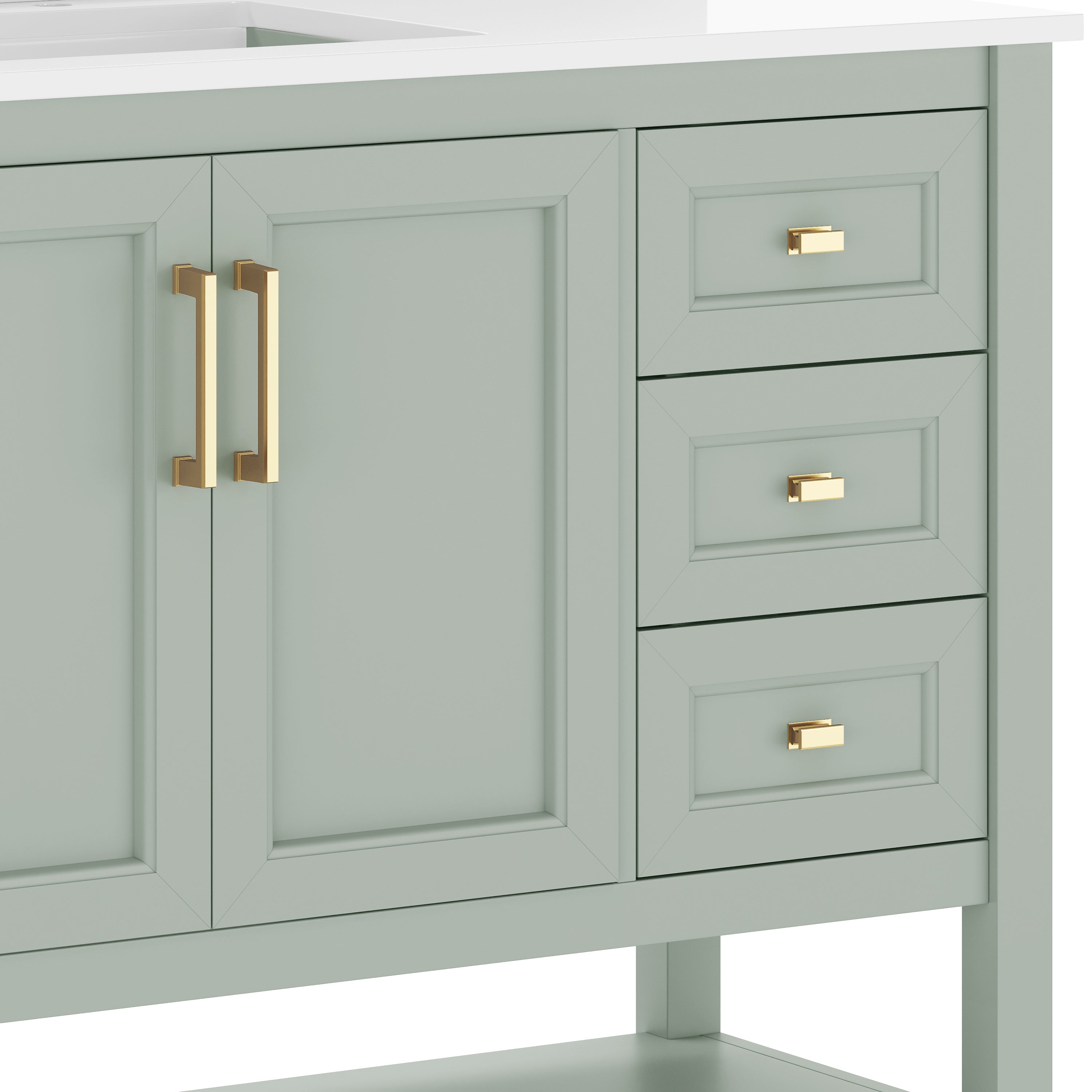 Vega 42" Bathroom Vanity with Sink, Cabinet with Gold Hardware, Soft Close Doors, Open Shelf & 3 Drawers, Carrara Marble Finish Counter, Sage/White