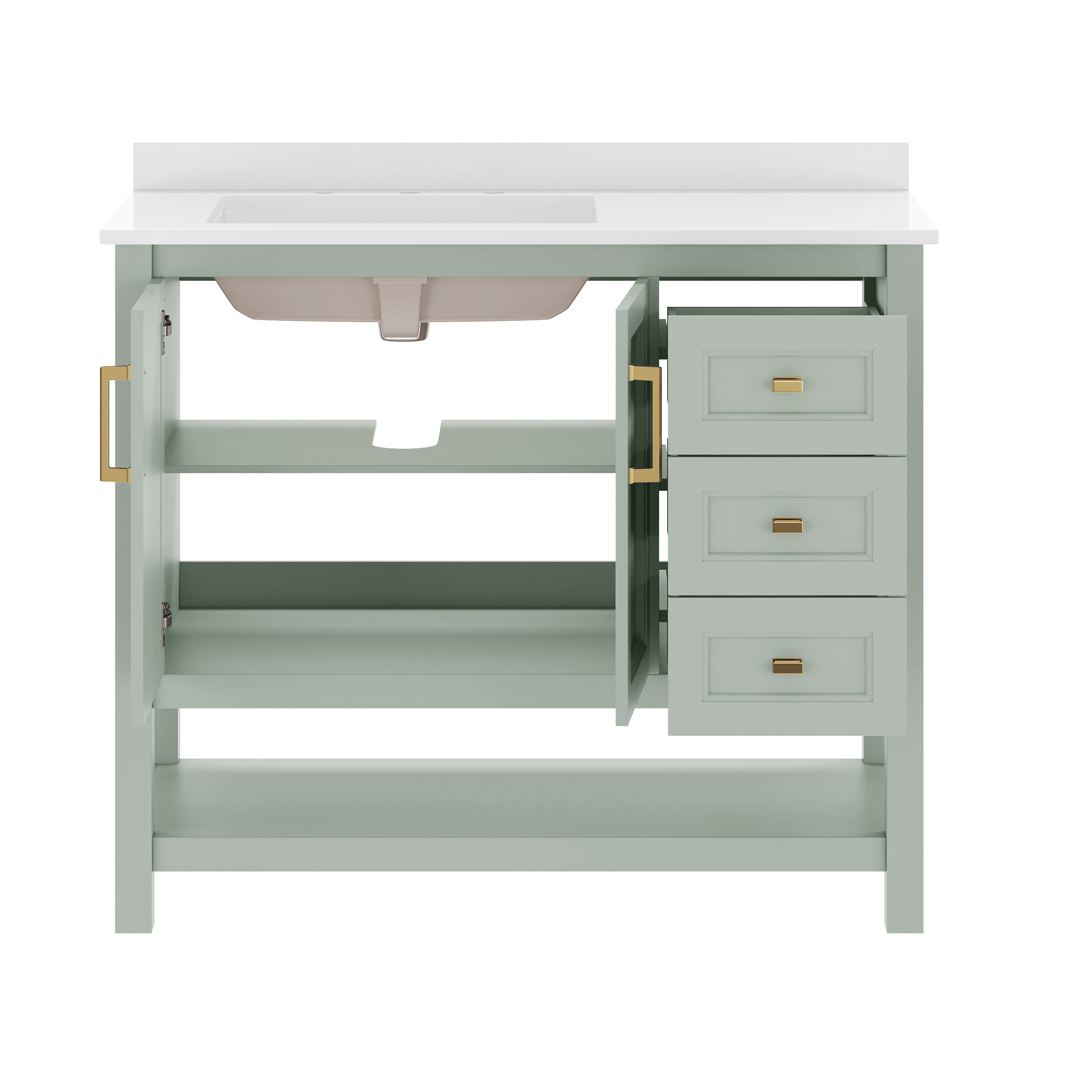 Vega 42" Bathroom Vanity with Sink, Cabinet with Gold Hardware, Soft Close Doors, Open Shelf & 3 Drawers, Carrara Marble Finish Counter, Sage/White