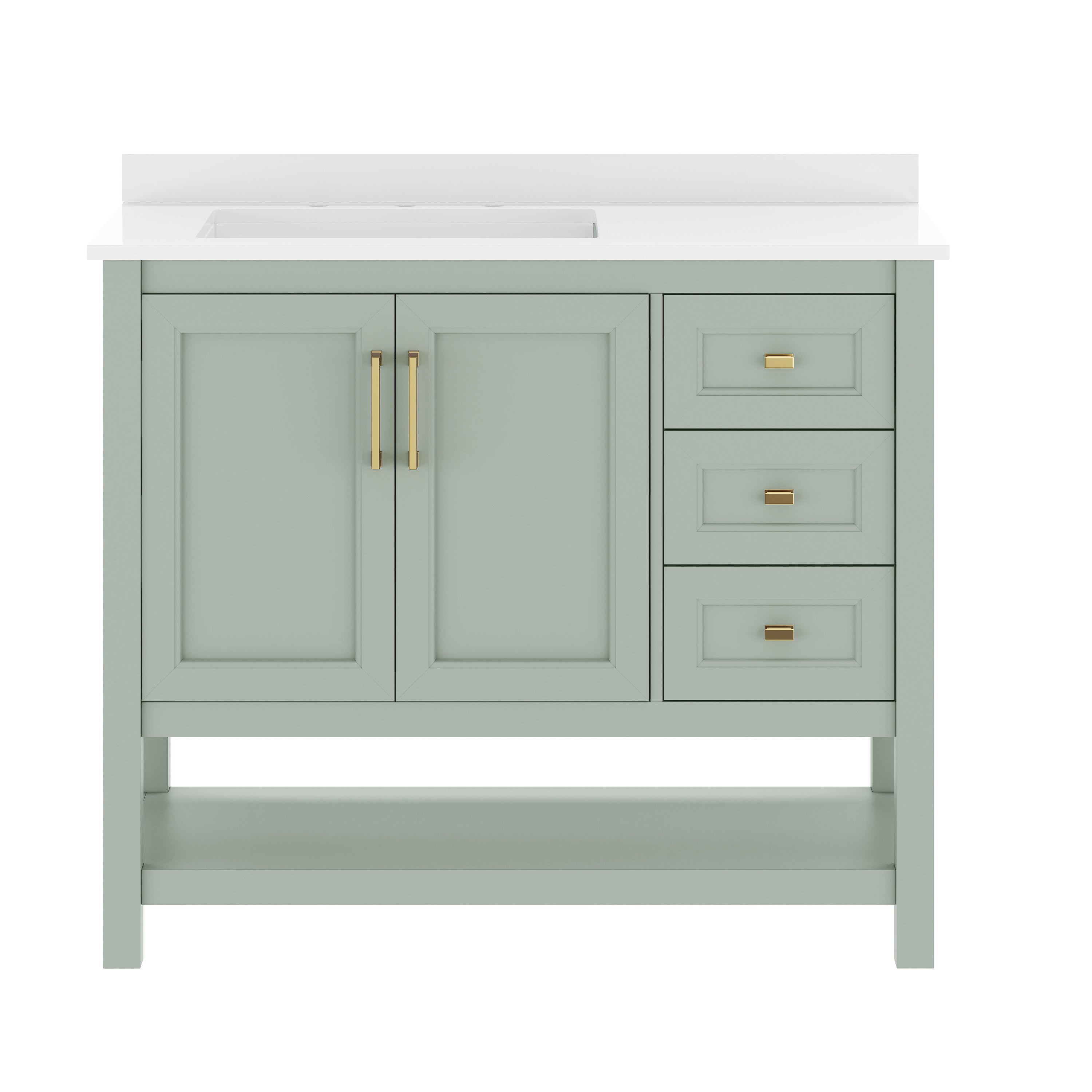 Vega 42" Bathroom Vanity with Sink, Cabinet with Gold Hardware, Soft Close Doors, Open Shelf & 3 Drawers, Carrara Marble Finish Counter, Sage/White