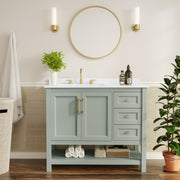 Vega 42" Bathroom Vanity with Sink, Cabinet with Gold Hardware, Soft Close Doors, Open Shelf & 3 Drawers, Carrara Marble Finish Counter, Sage/White