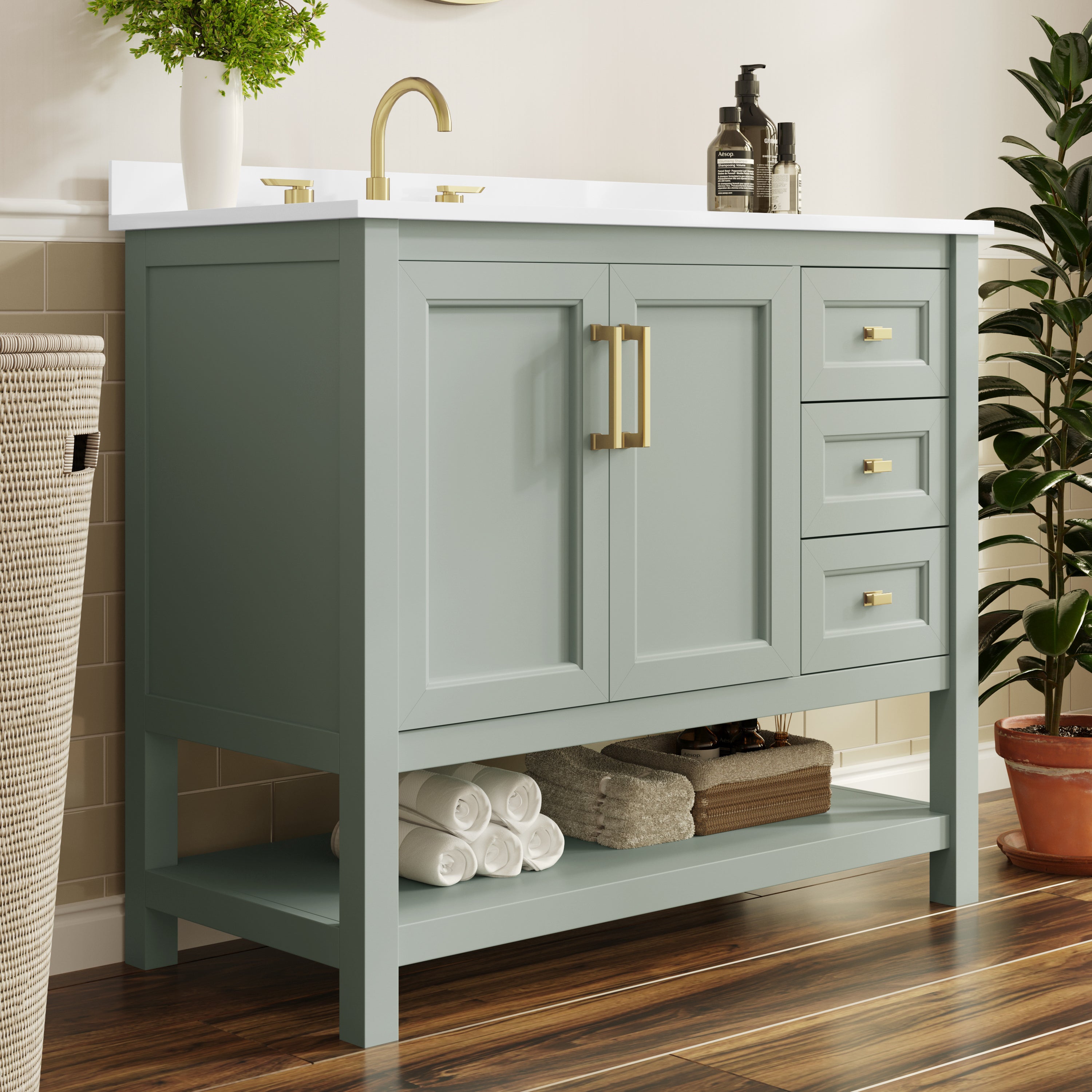 Vega 42" Bathroom Vanity with Sink, Cabinet with Gold Hardware, Soft Close Doors, Open Shelf & 3 Drawers, Carrara Marble Finish Counter, Sage/White