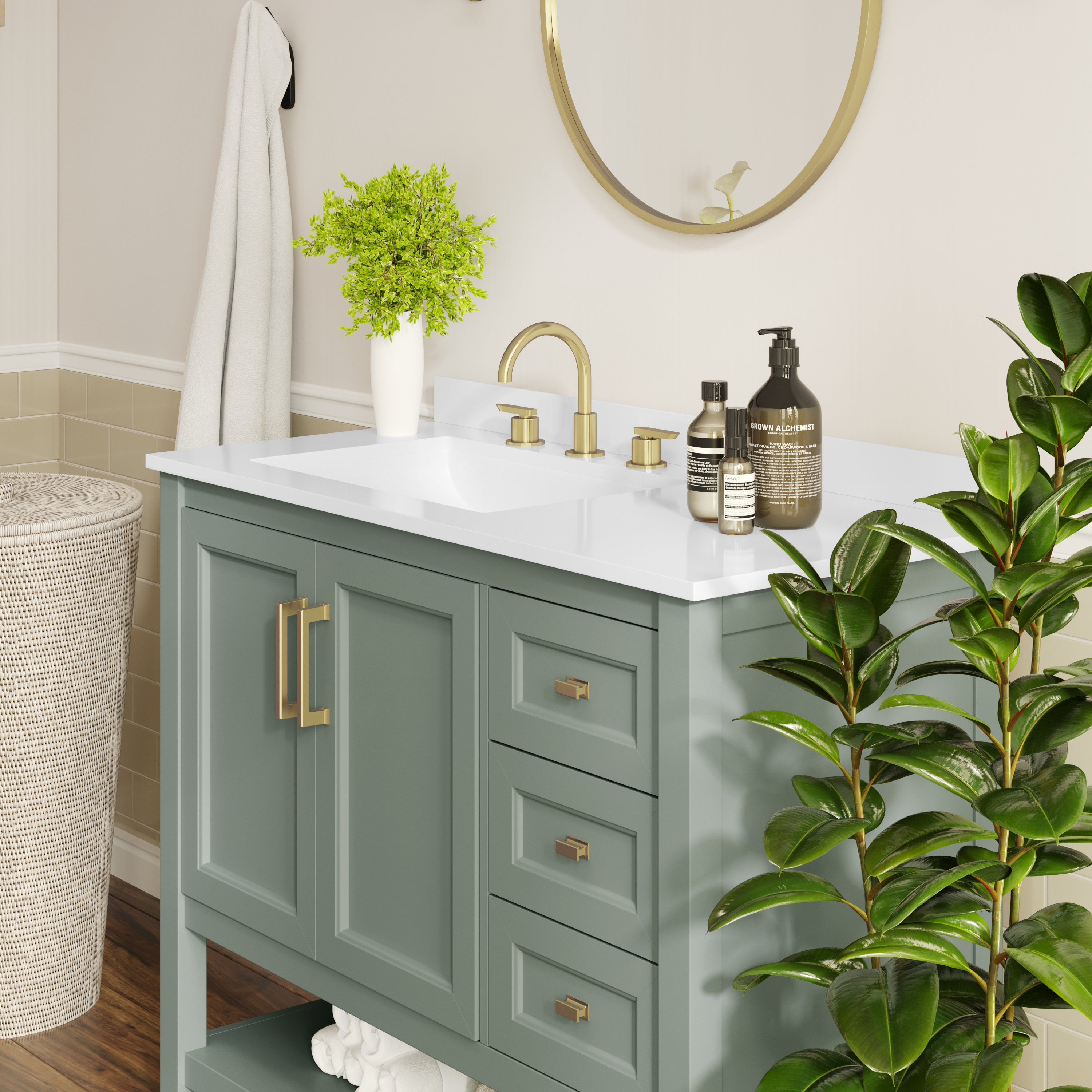Vega 42" Bathroom Vanity with Sink, Cabinet with Gold Hardware, Soft Close Doors, Open Shelf & 3 Drawers, Carrara Marble Finish Counter, Sage/White